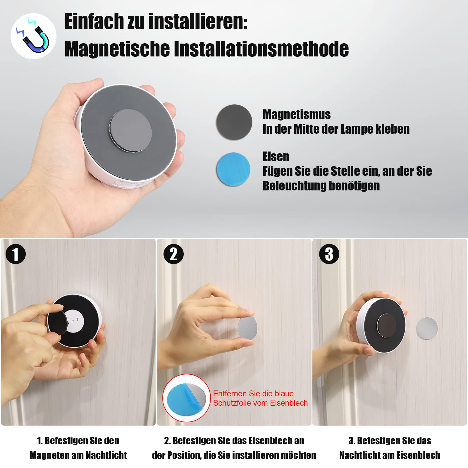 Anleitung zur Installation eines magnetischen Nachtlichts: Magnet, dann Eisen, und schließlich das Licht anbringen.