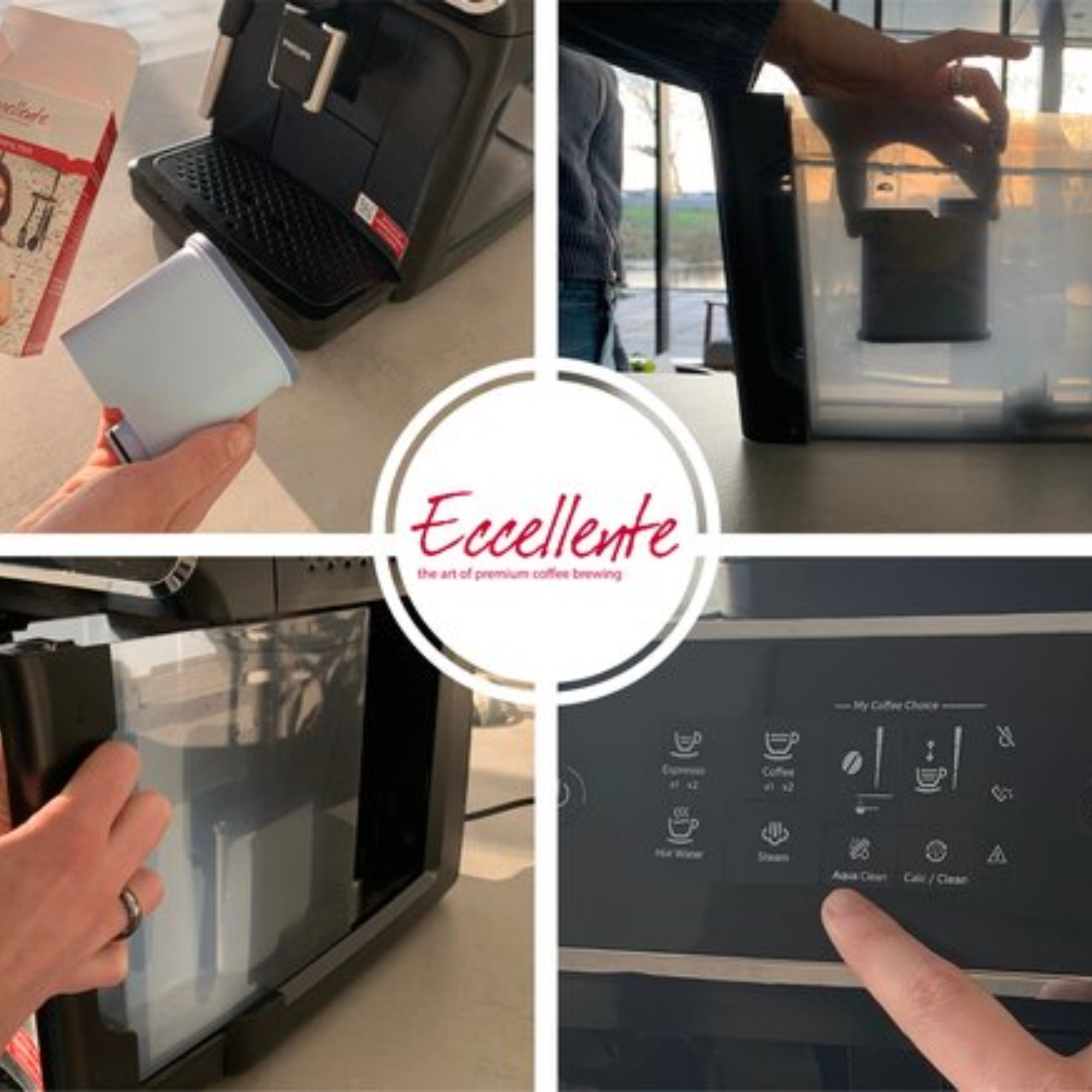 Coffee machine parts and operation. Hands interacting with the machine. Includes water tank, filter, and control panel.