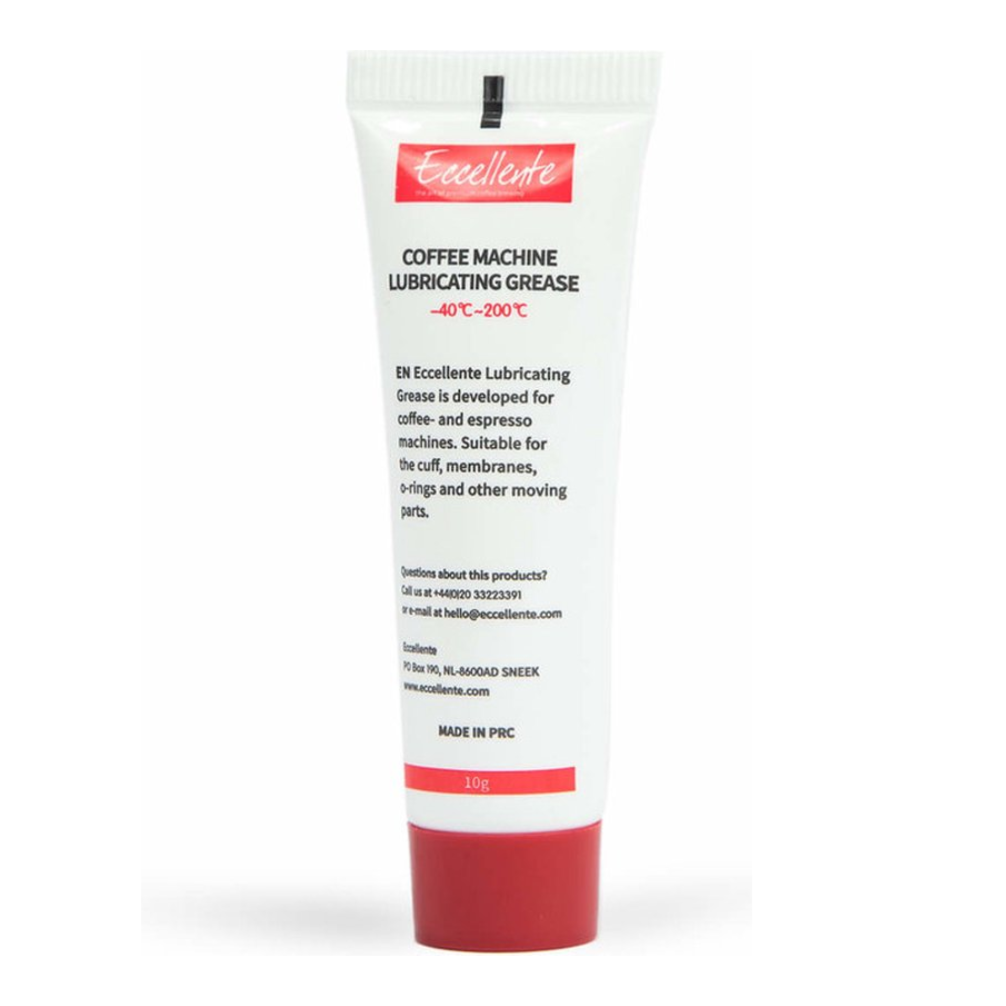 White tube of Eccellente coffee machine lubricating grease. Red label and cap. Text: -40C to 200C.