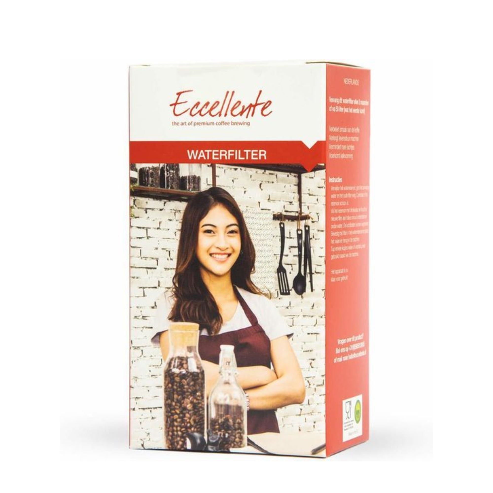 A box with a woman smiling. It features coffee beans and water filter branding.