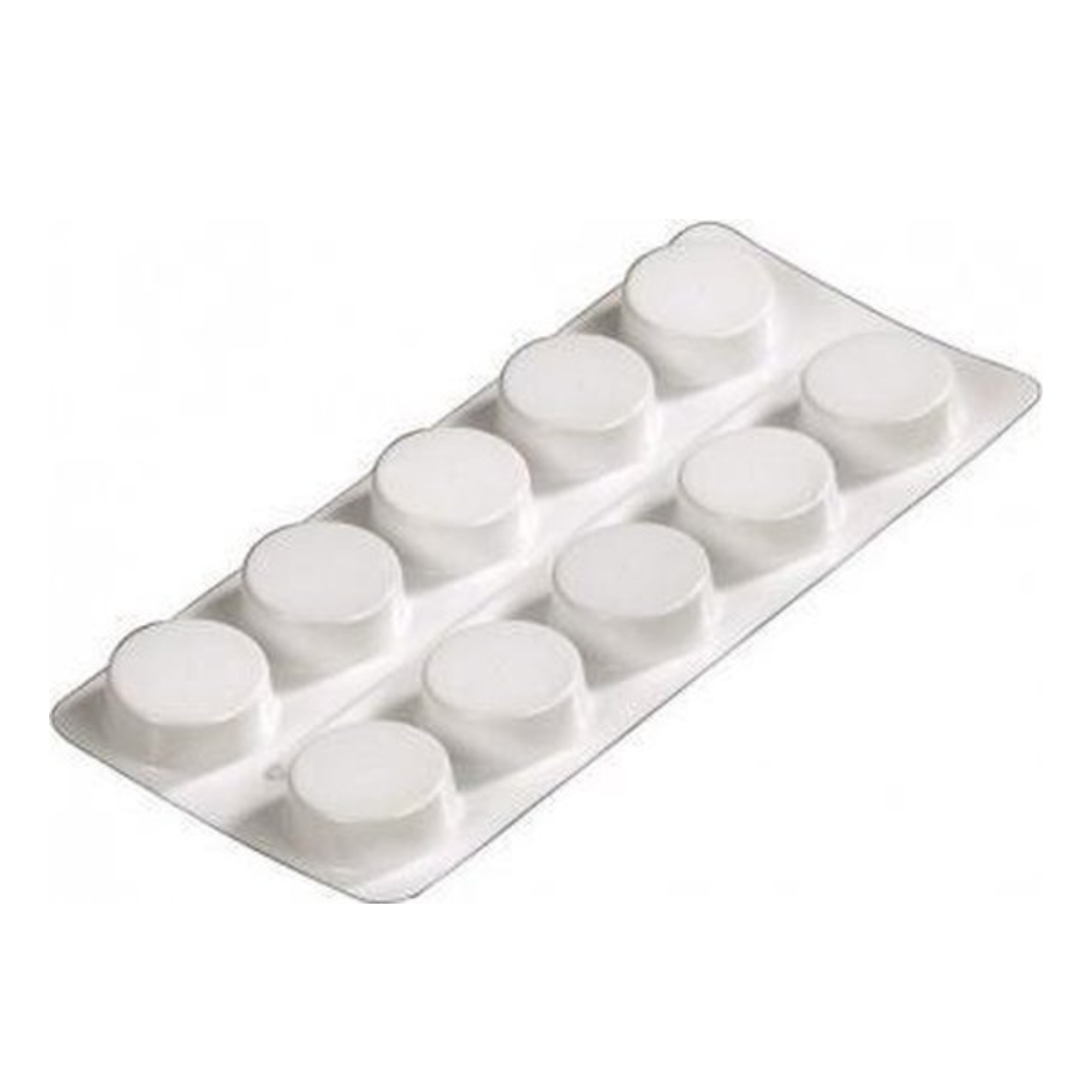 A blister pack containing ten white, round pills. The pills are in a white plastic container.