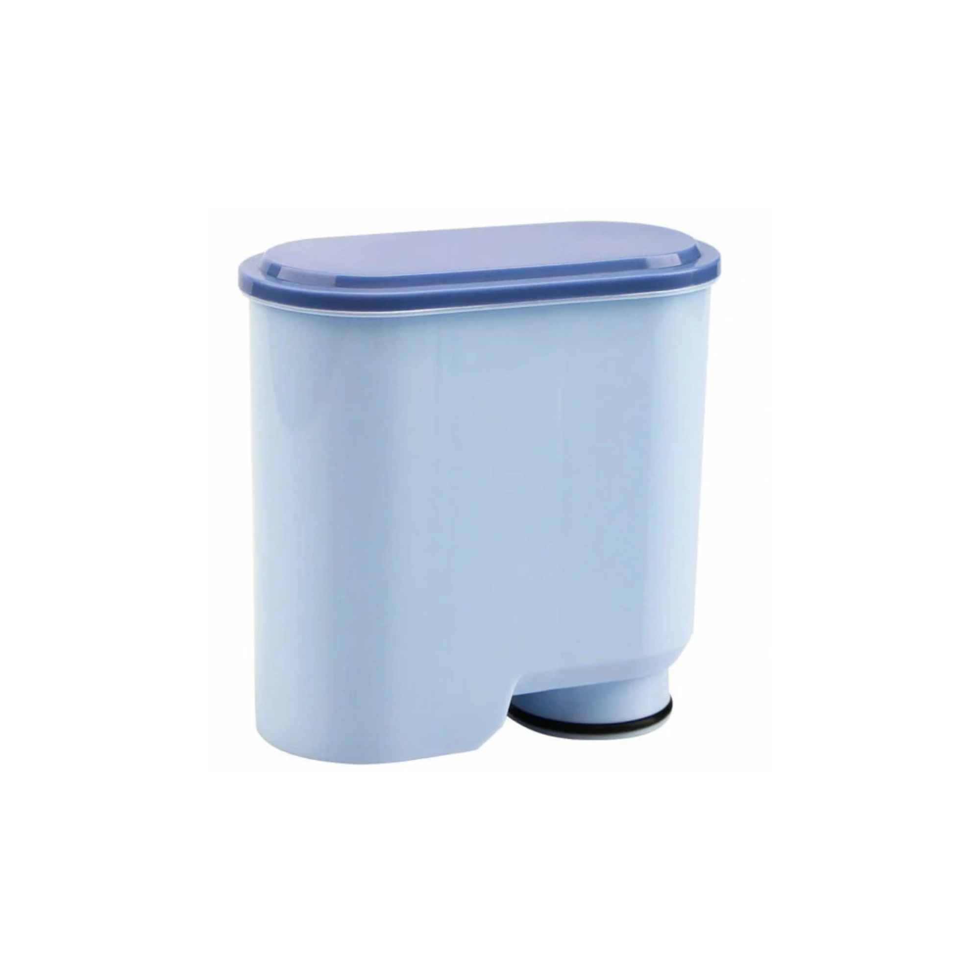 Een lichtblauwe waterfilterkan met een donkerblauw deksel en een zwarte cirkel aan de onderkant.