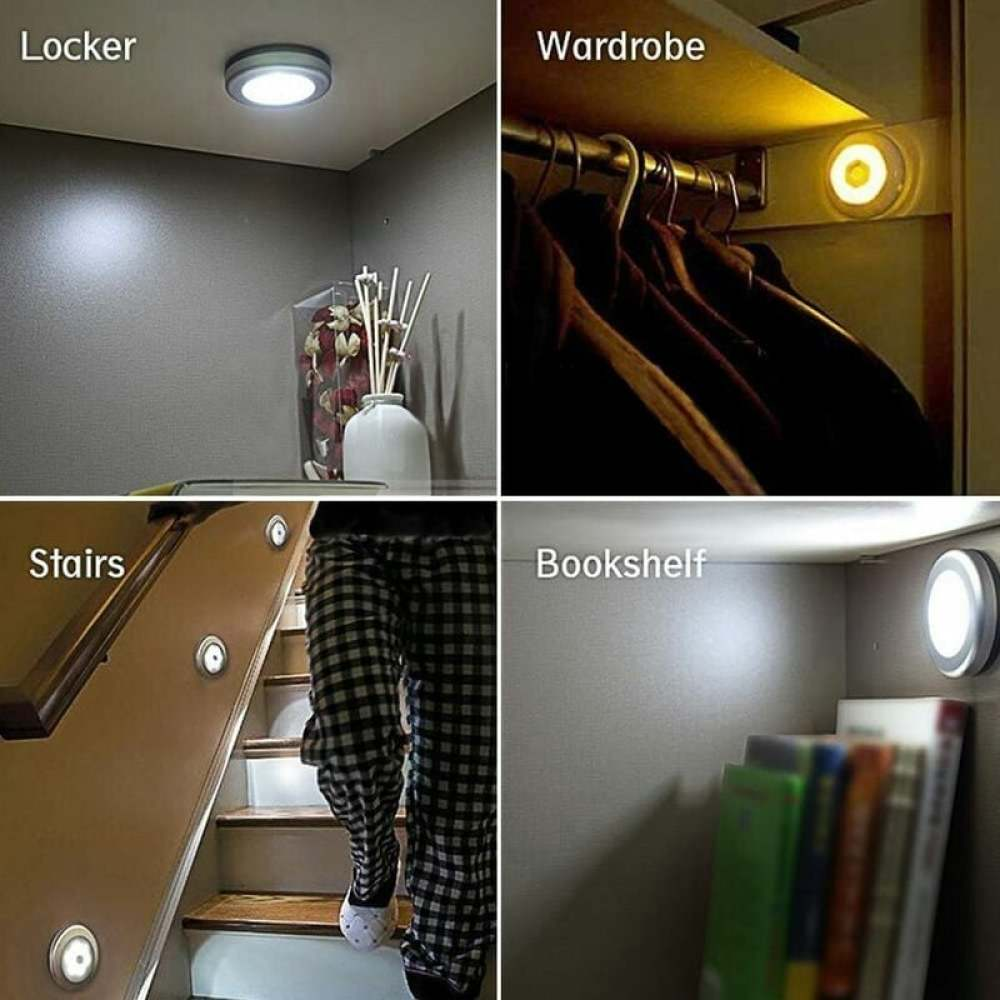 Das Bild zeigt vier Szenen mit LED-Leuchten: Schrank, Kleiderschrank mit Kleidung, Treppe mit Person und Bücherregal mit Büchern.