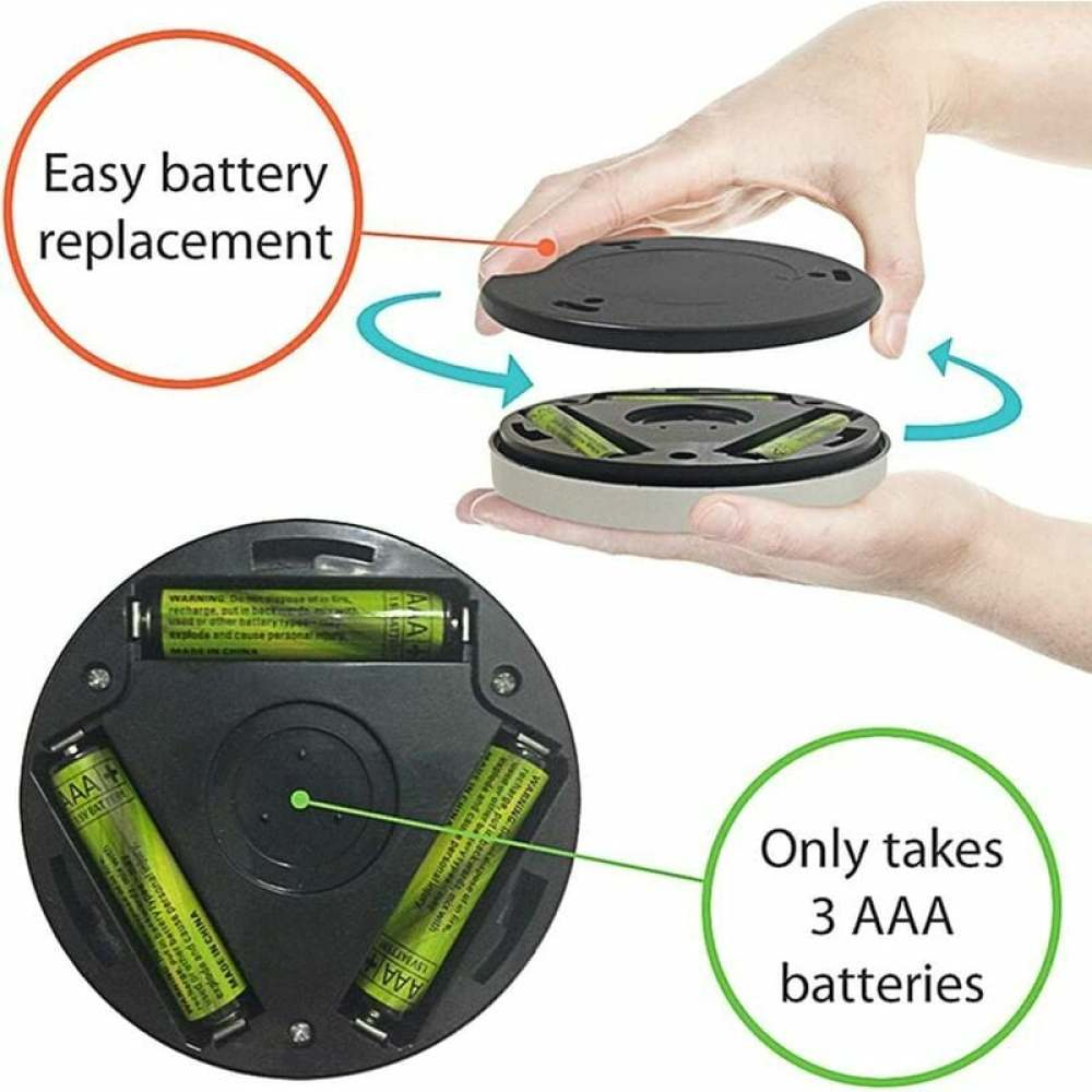 Eine Hand hält ein Gerät mit 3 AAA-Batterien. Der Text sagt, dass der Batteriewechsel einfach ist und nur 3 AAA-Batterien benötigt.