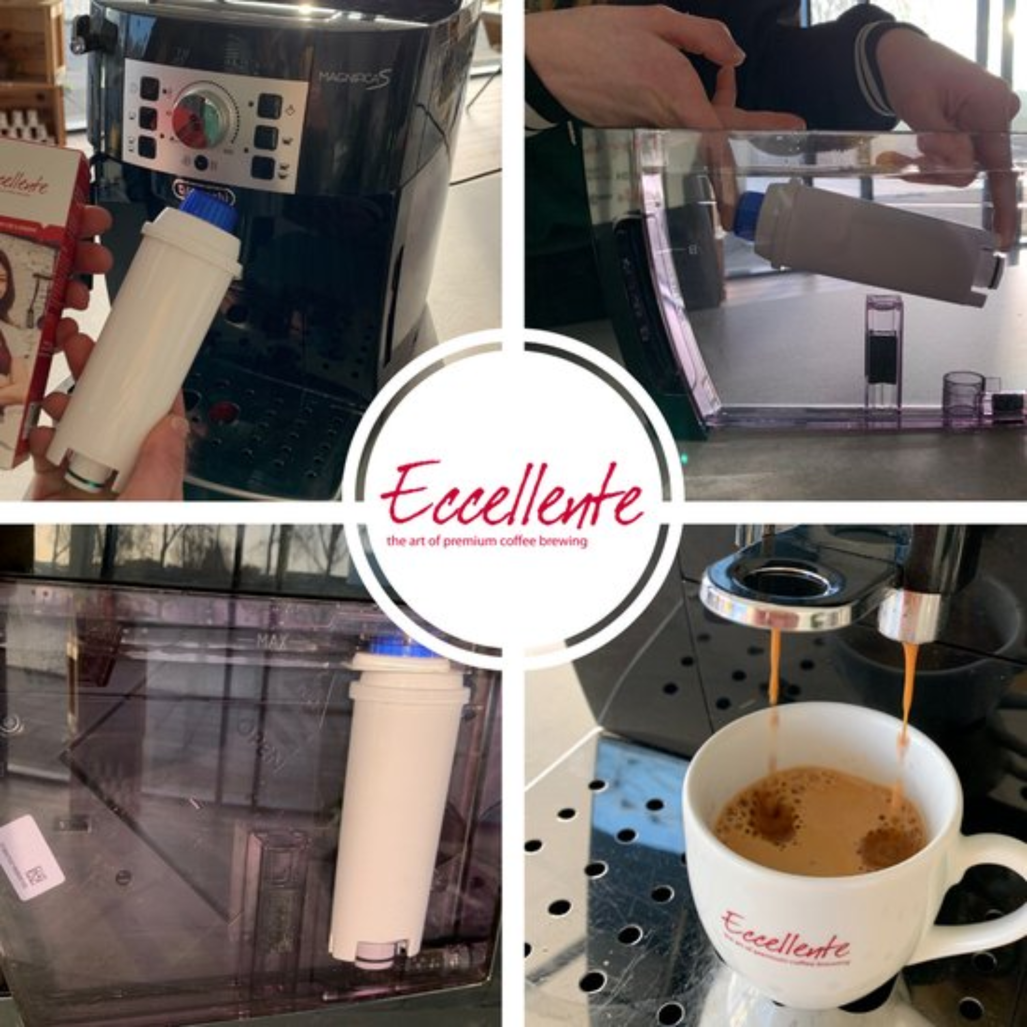 Coffee machine parts and brewing. White filter, coffee stream into a cup. Eccellente logo.