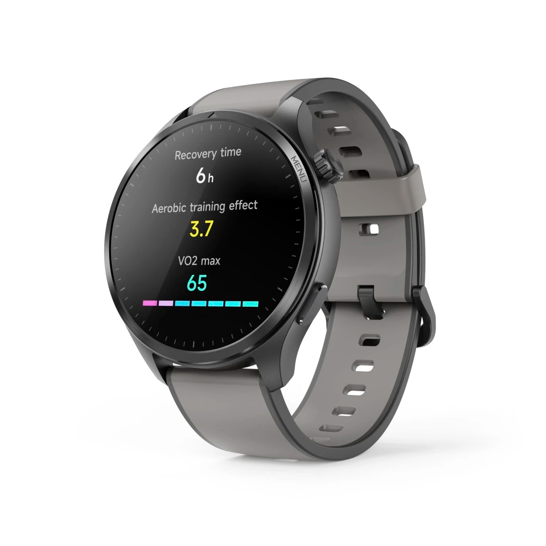Szary smartwatch wyświetla dane fitness, w tym czas regeneracji, efekt treningu aerobowego i VO2 max. Ma szary pasek i czarną ramkę.
