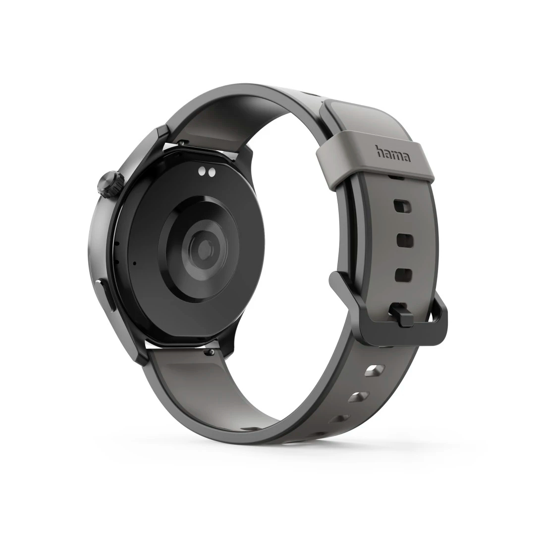 Szary smartwatch z czarną tarczą i paskiem. Widoczny tył zegarka, z czujnikami i mocowaniem paska.