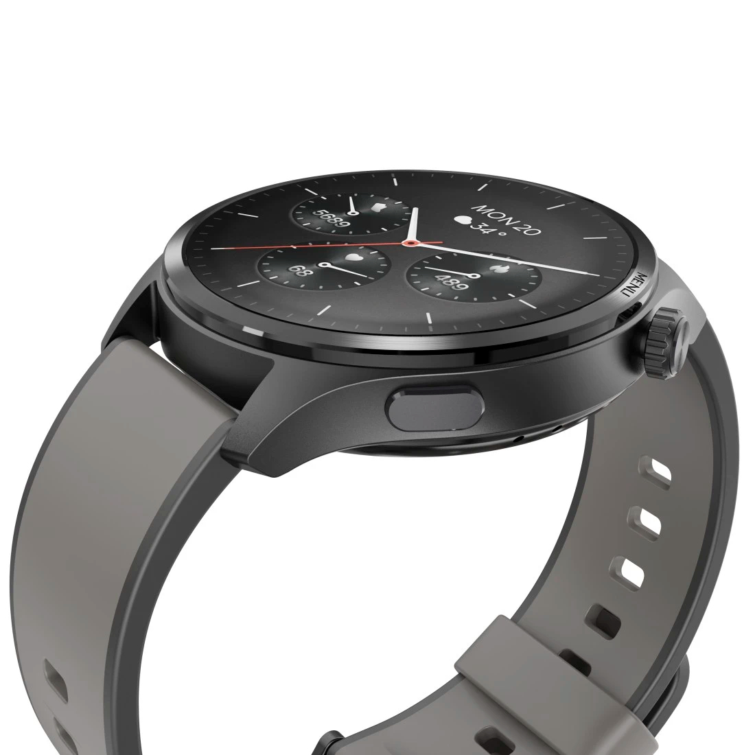 Zbliżenie smartwatcha, czarna obudowa z szarym paskiem. Tarcza jest czarna z białymi wskaźnikami i cyframi.