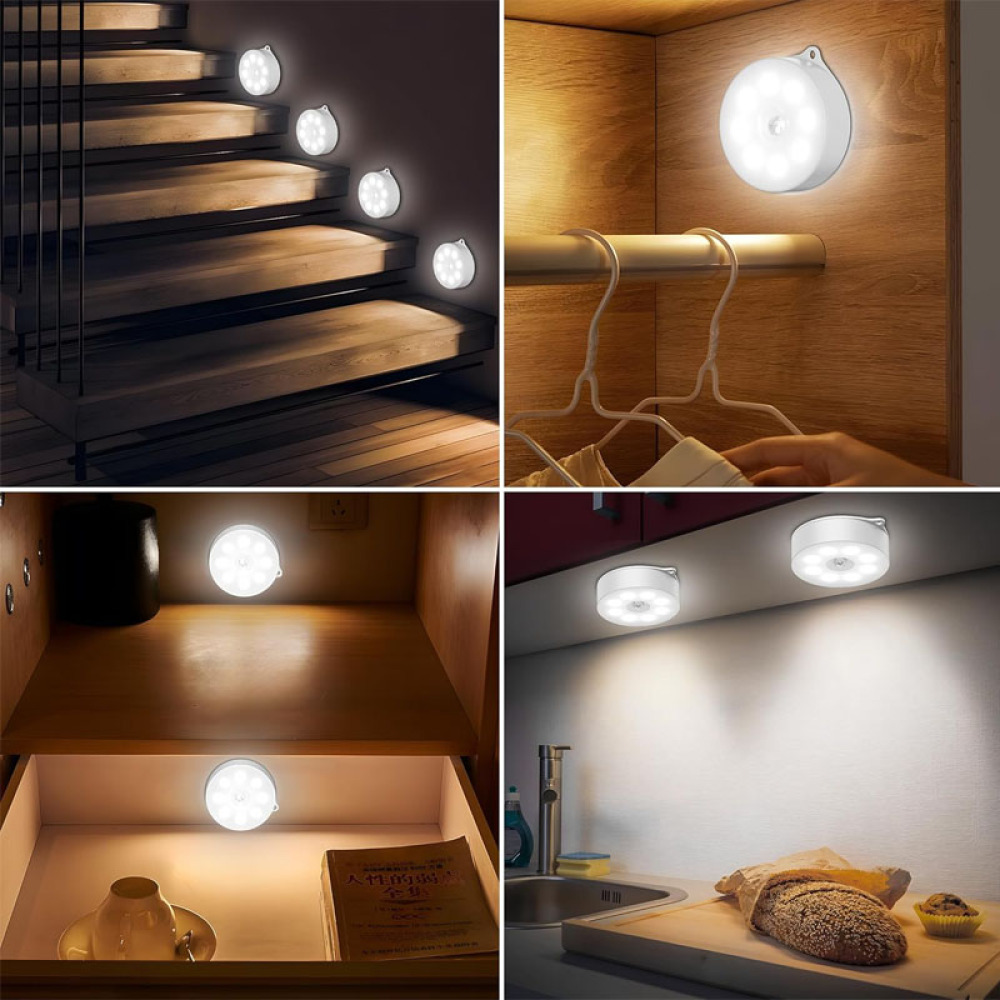 Das Bild zeigt mehrere Innenszenen mit kleinen, runden LED-Leuchten. Sie befinden sich in einer Treppe, einem Schrank, einer Schublade und einer Küche und beleuchten jeden Bereich.