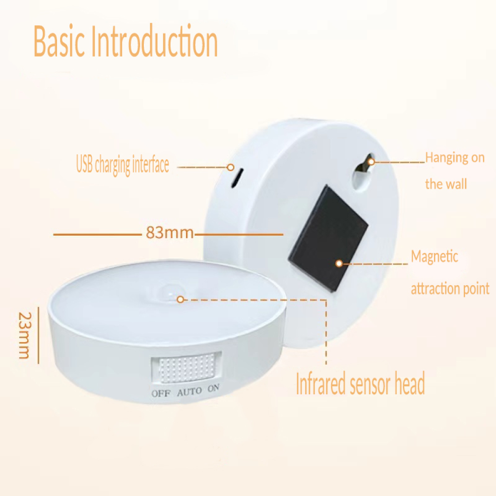 Ein weißes, rundes Gerät mit den Etiketten: USB-Aufladung, Infrarotsensor und magnetischer Anziehungspunkt. Abmessungen sind 83 mm x 23 mm.
