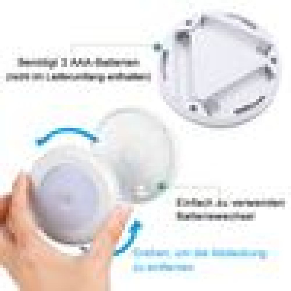 Weißes rundes LED-Licht mit Batteriefach. Hand hält das Licht. Text zeigt 3 AAA-Batterien und einfache Installation an.
