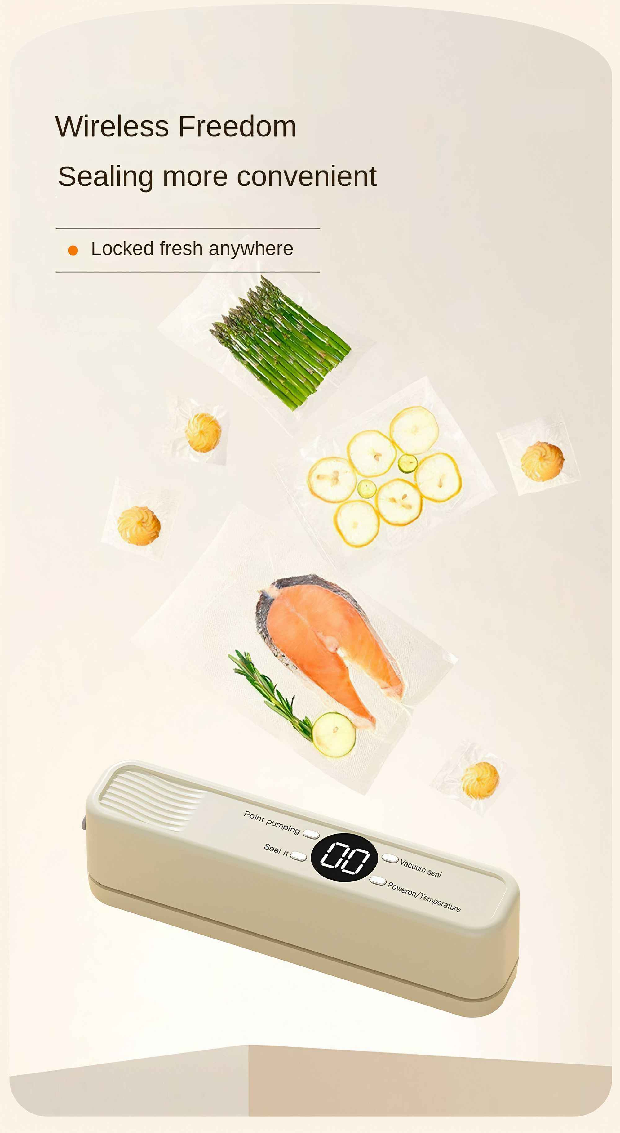 Das Bild zeigt versiegelte Lebensmittel: Spargel, Lachs, Zitronenscheiben, Kekse, mit einem Vakuumierer.