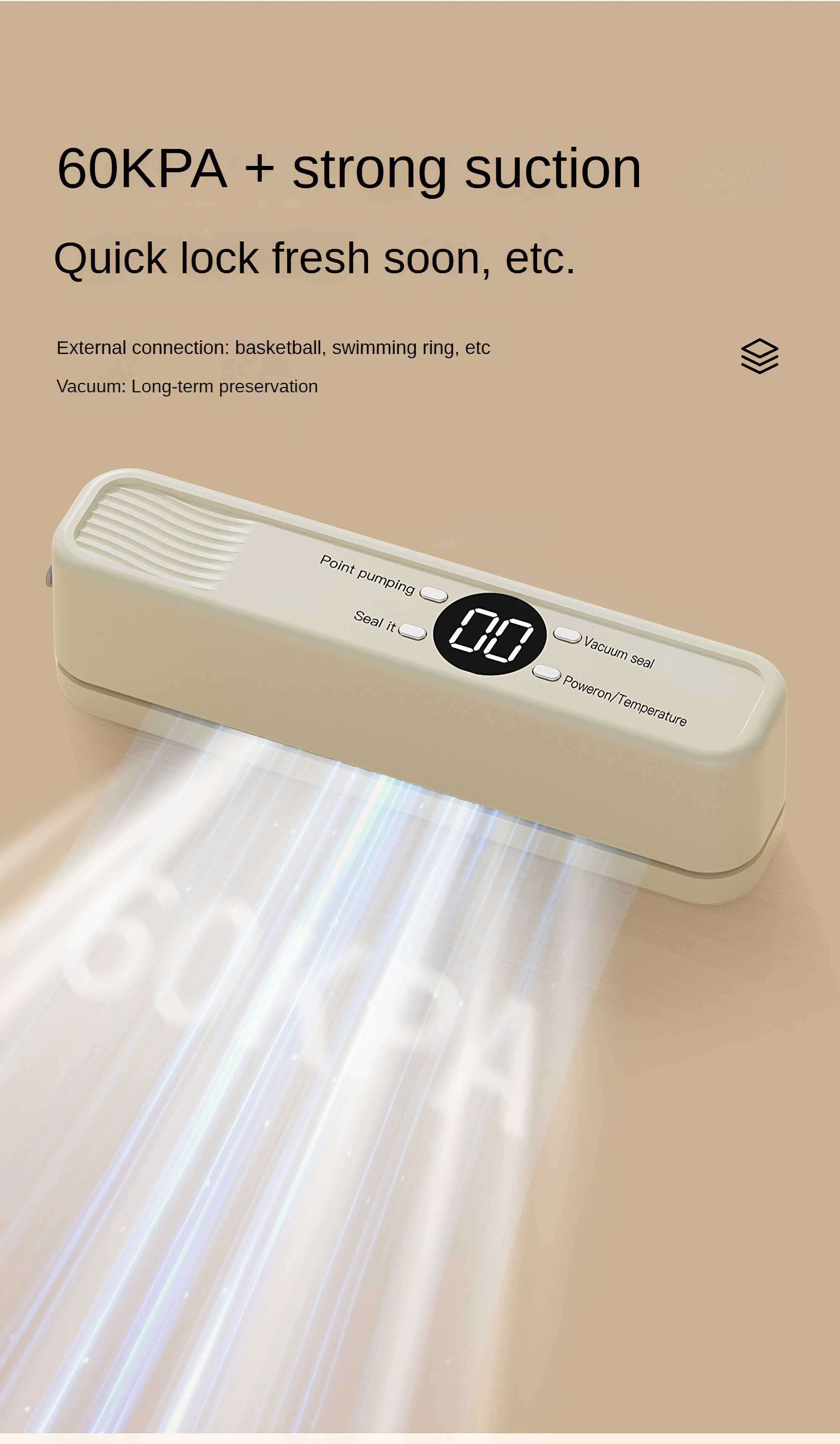 Ein cremefarbenes Vakuumiergerät mit digitaler Anzeige. Text erwähnt 60KPA, starke Saugkraft und externe Anschlüsse wie Basketbälle.