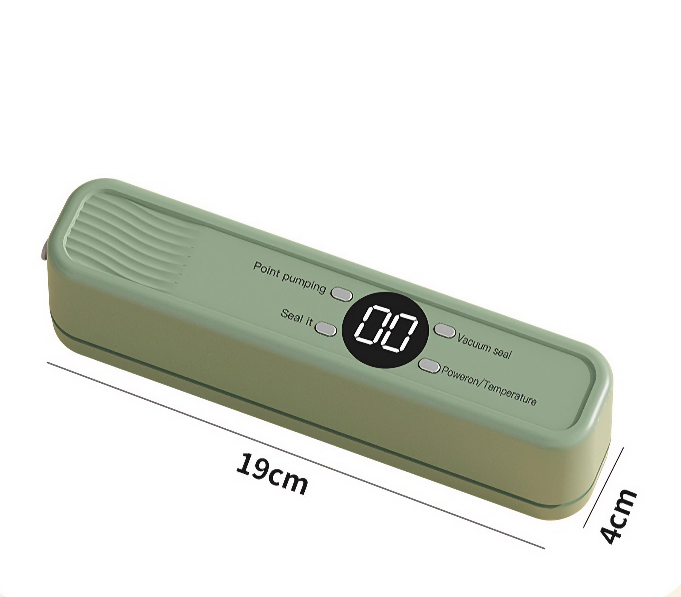Grüner rechteckiger Vakuumierer mit Digitalanzeige. Er misst 19 cm x 4 cm. Beschriftung: Punktpumpen, versiegeln, Vakuumversiegelung.