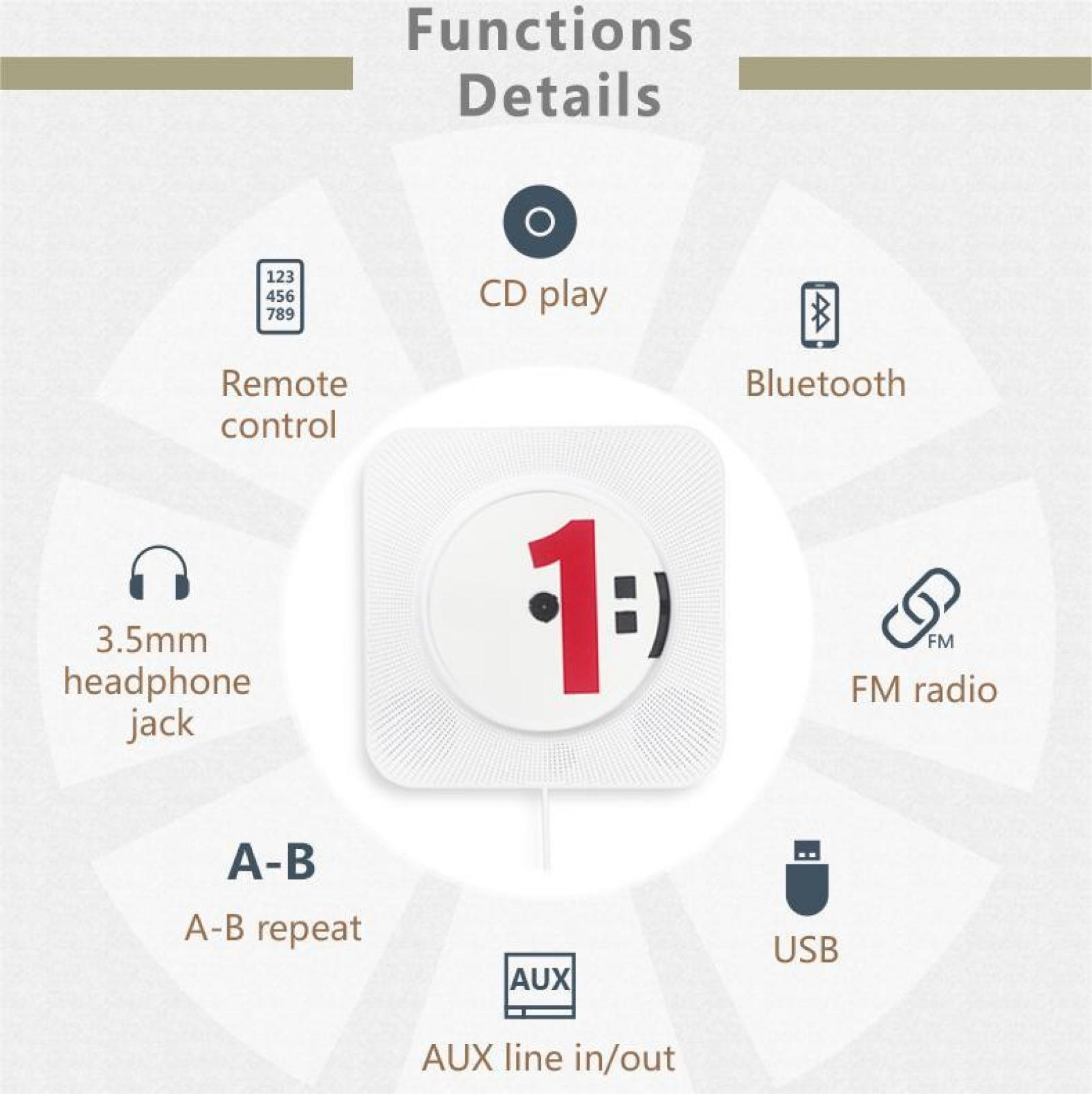 Ein weißer CD-Player mit roter '1'-Anzeige, umgeben von Funktionssymbolen wie Bluetooth, USB und UKW-Radio, auf beigem Hintergrund.