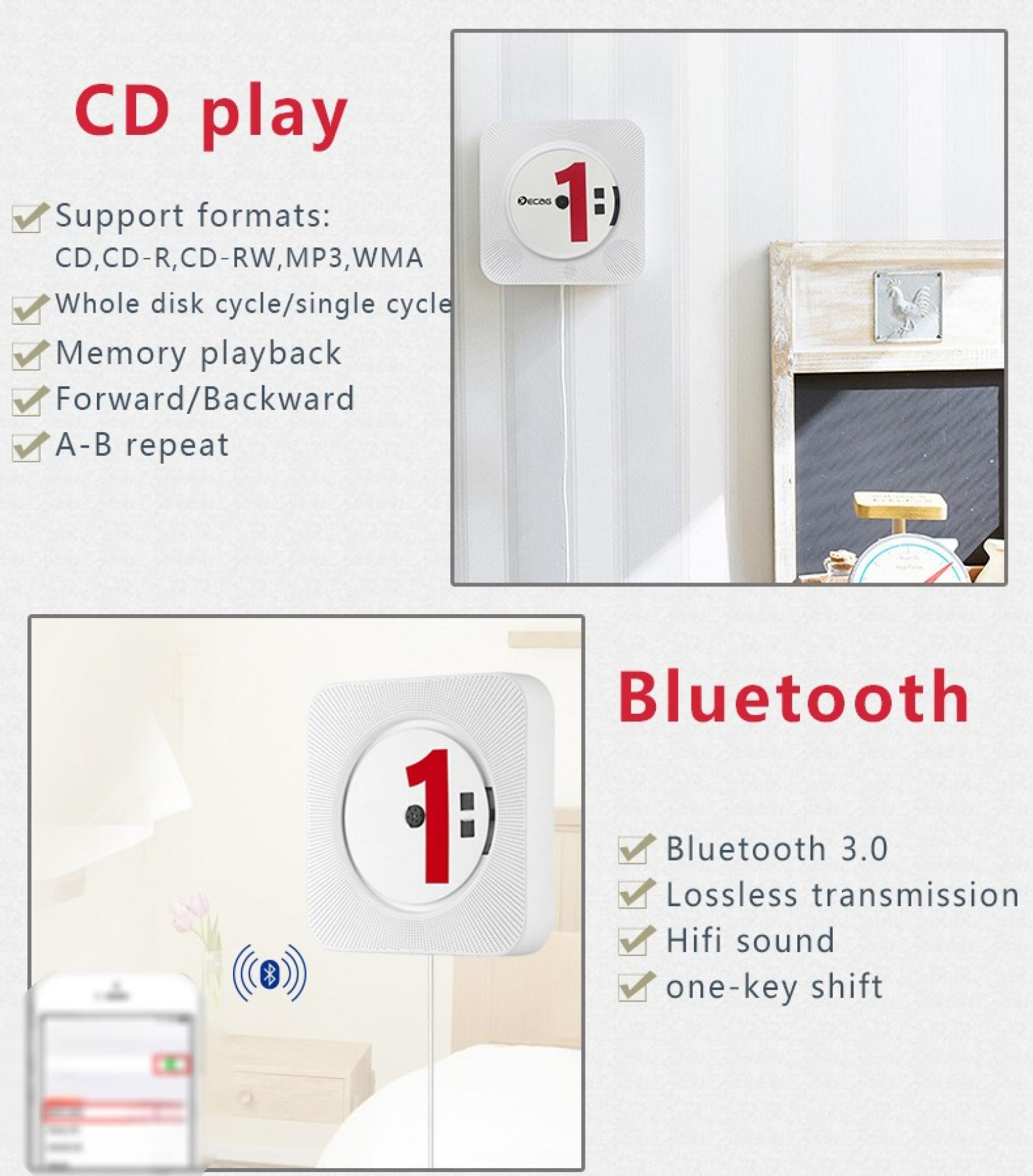 Ein weißer CD-Player an einer Wand, rote Zahl 1 und Text über CD- und Bluetooth-Funktionen.