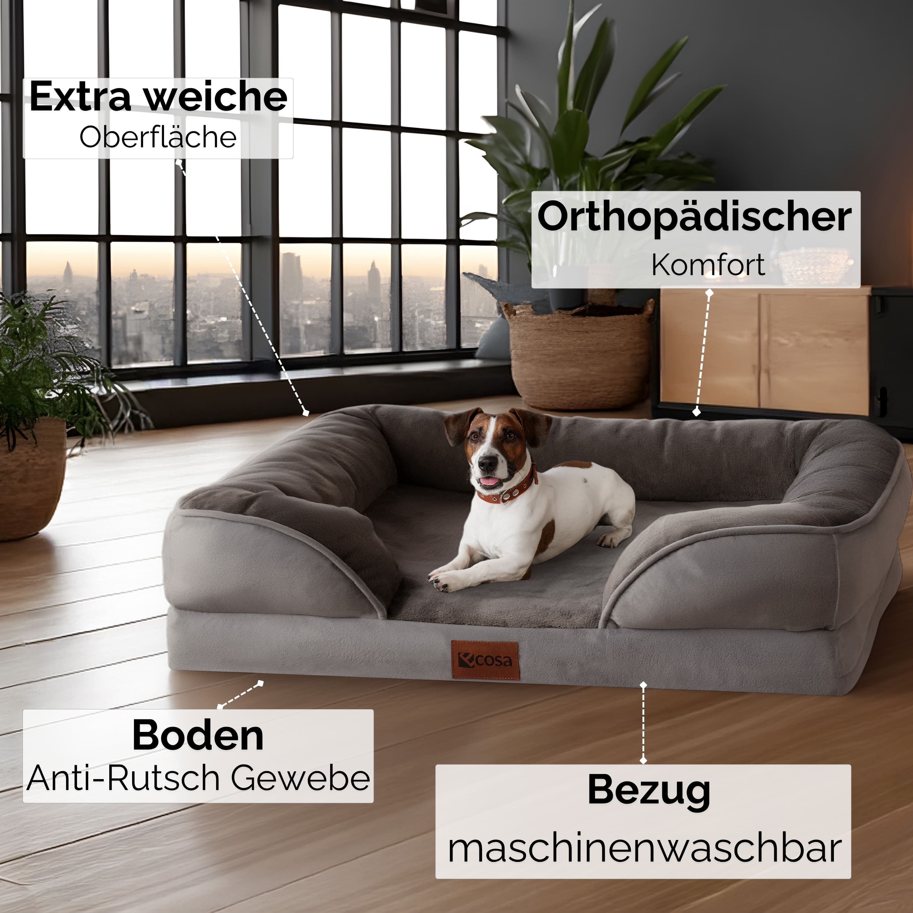 Ein Hund liegt auf einem grauen Hundebett. Ein Fenster zeigt eine Stadtansicht. Etiketten beschreiben Merkmale wie weiche Oberfläche.