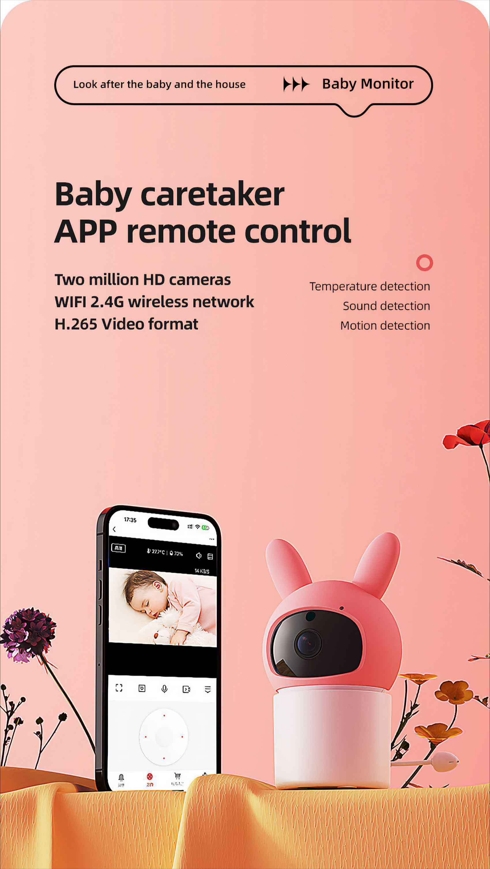 Ein Babyphone mit Hasenohren. Ein Telefon zeigt ein schlafendes Baby. Es hat Temperatur-, Ton- und Bewegungserkennung.