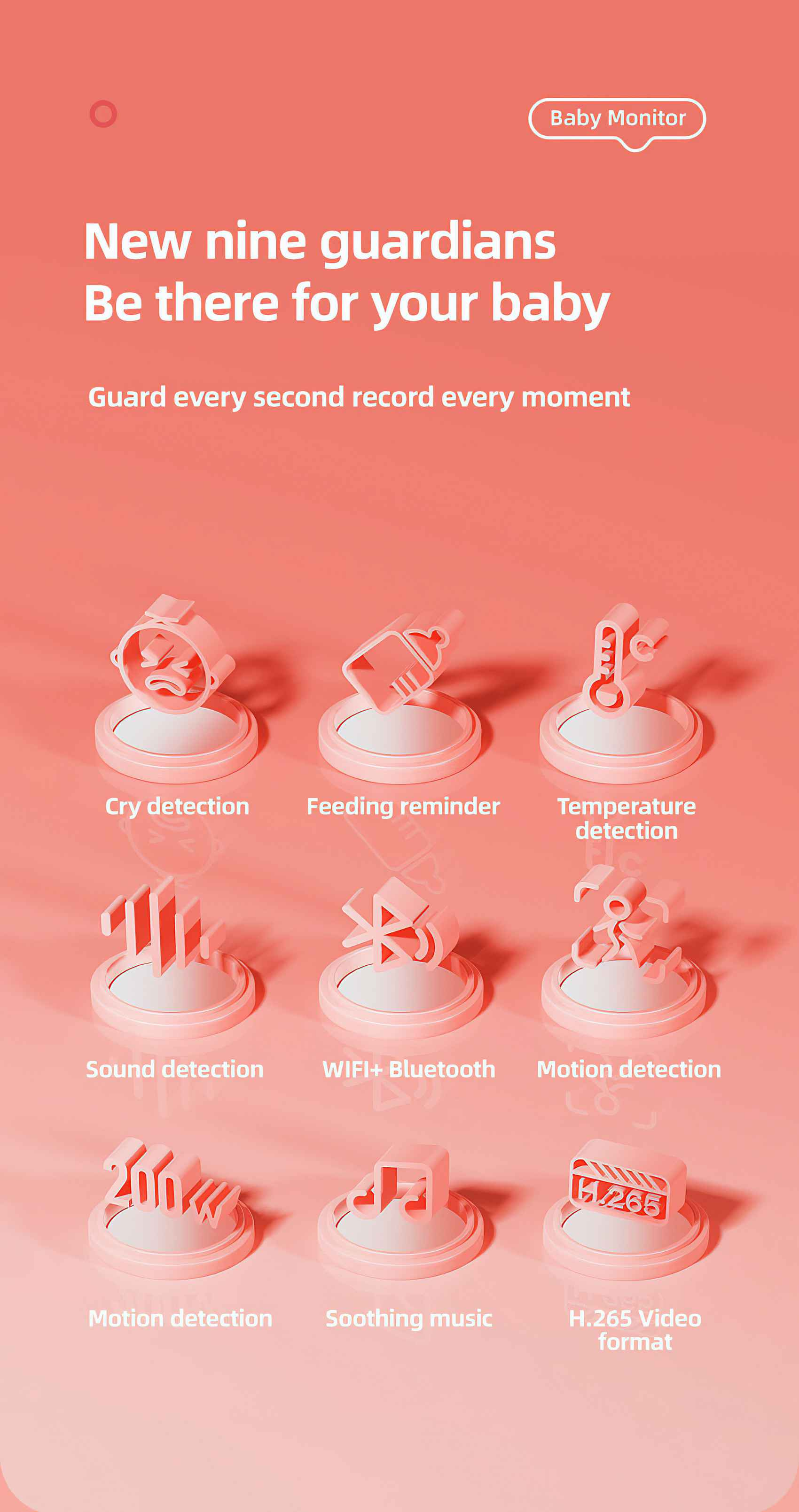 Rosa Babyphone-Anzeige. Zu den Funktionen gehören Weinen, Füttern, Temperatur, Ton, Bewegungserkennung, WLAN und beruhigende Musik.