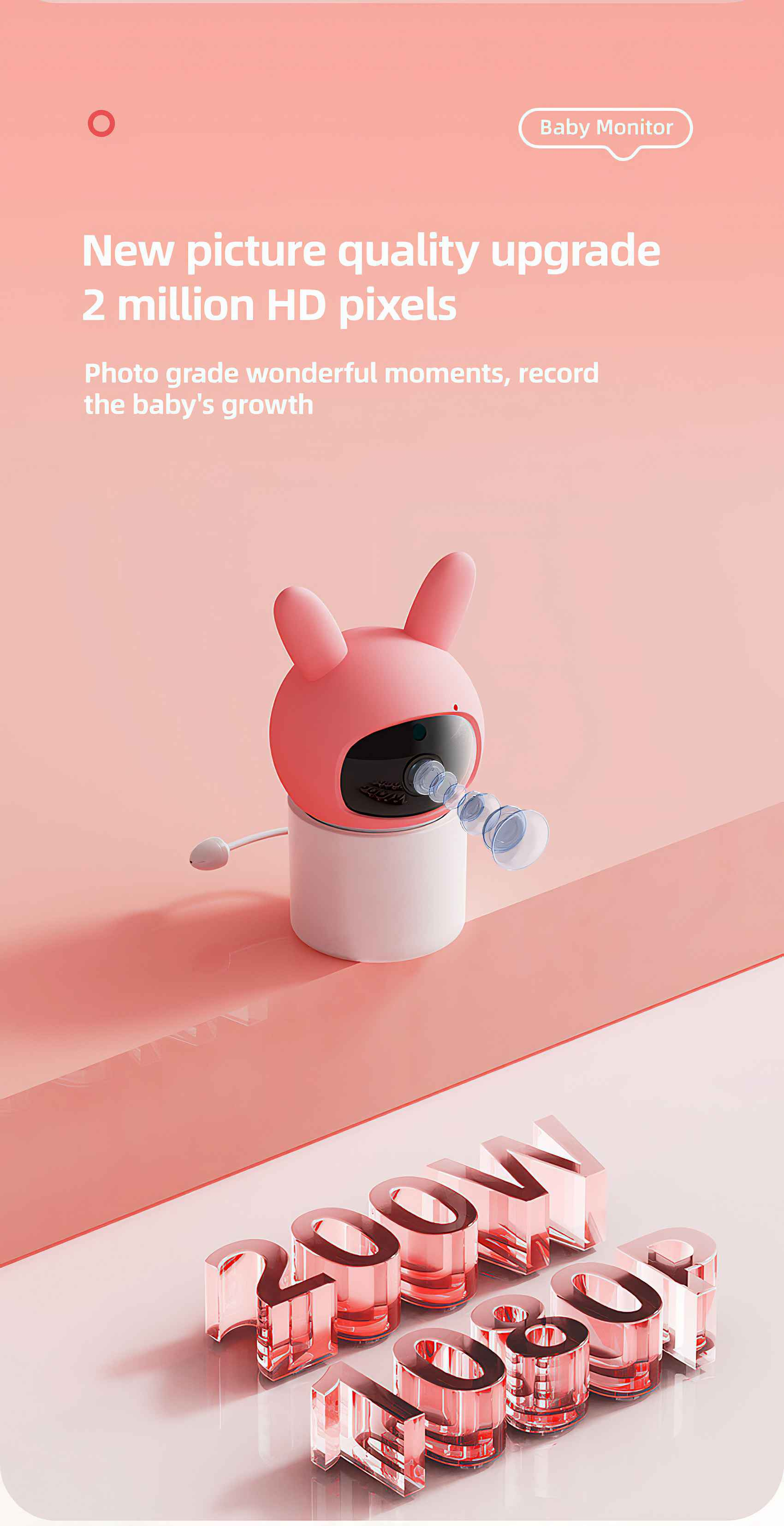Ein Babyphone in Form eines rosa Kaninchens mit weißer Basis. Der Text lautet 'Neue Bildqualitätsverbesserung'.