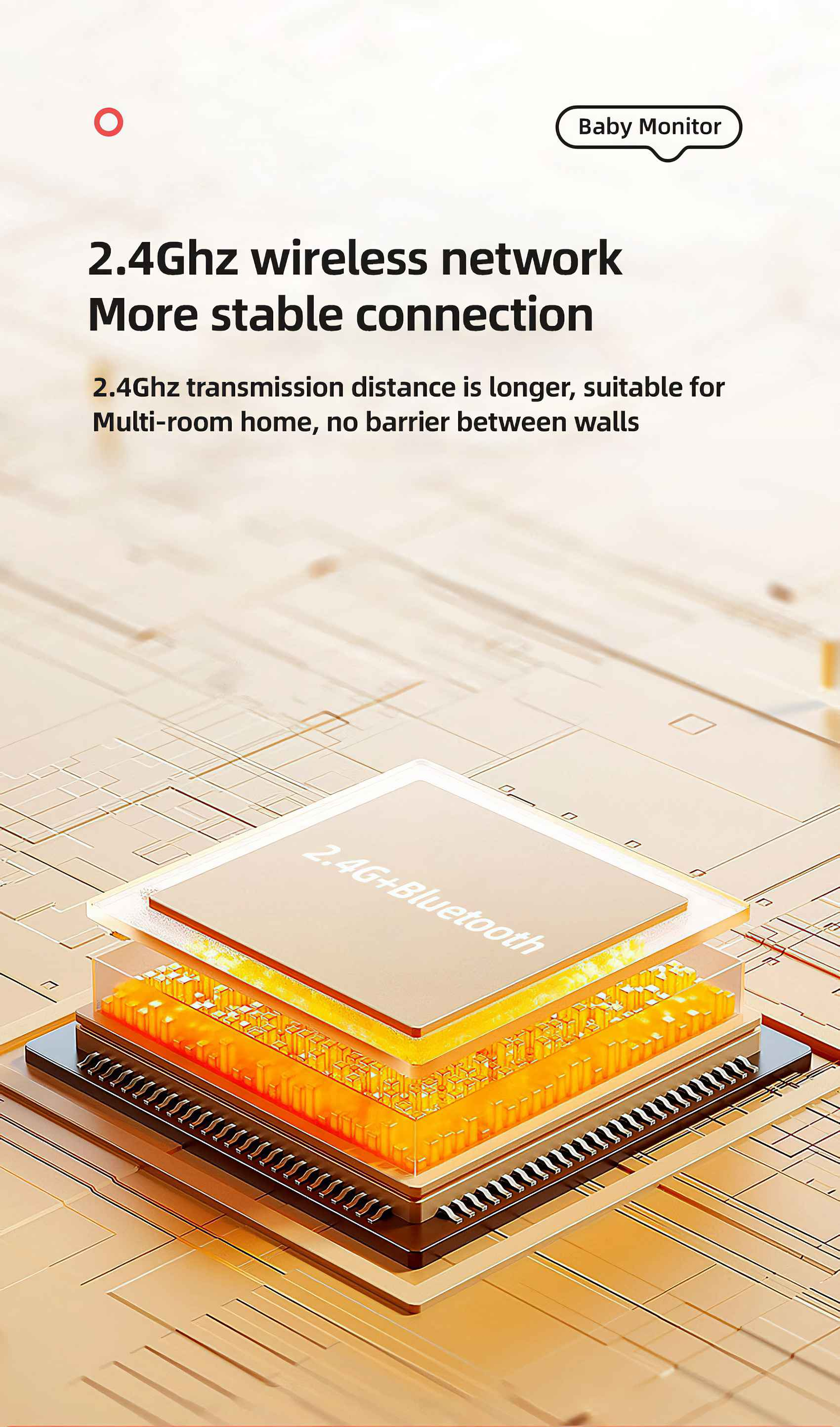 Das Bild zeigt ein 2,4-GHz-WLAN mit Leiterplattendesign. Text hebt stabile Verbindung und lange Übertragung hervor.