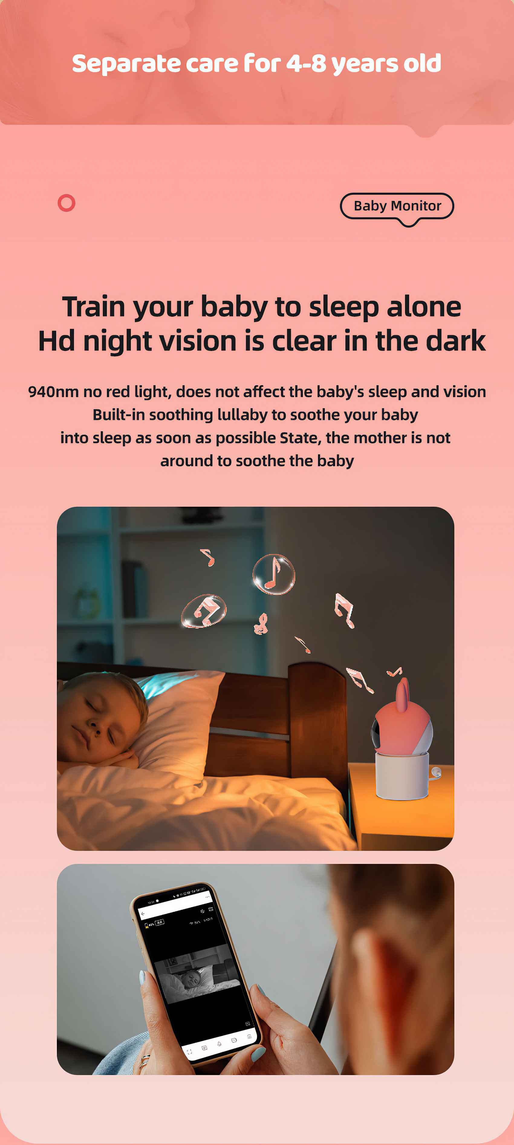 Ein Kind schläft. Ein Babyphone steht auf einem Nachttisch. Ein Telefon zeigt das Baby. Noten schweben in der Luft.