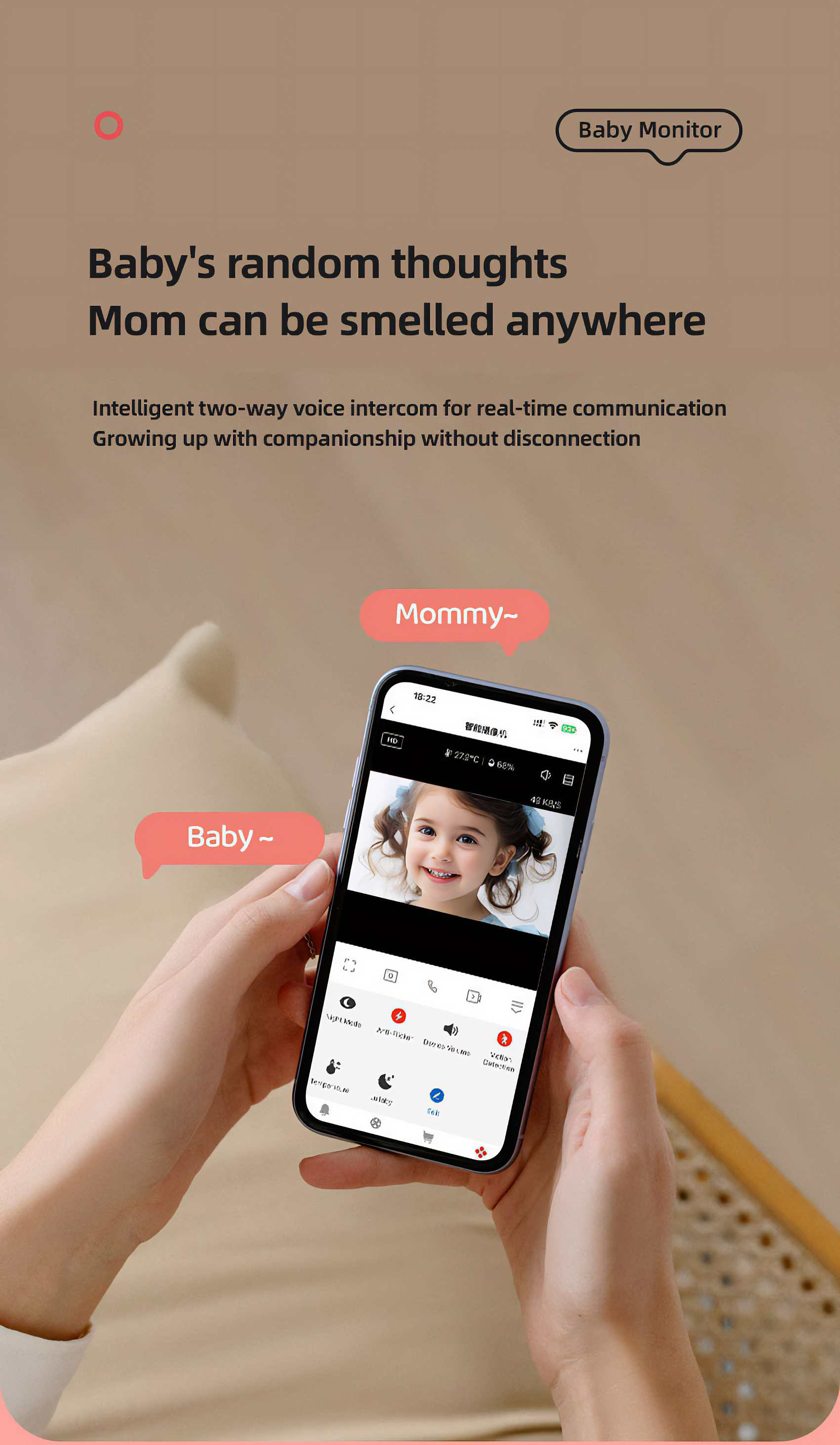 Eine Hand hält ein Telefon mit einer Babyphone-App. Der Bildschirm zeigt ein lächelndes Baby. Text: Baby Monitor, Mama, Baby.