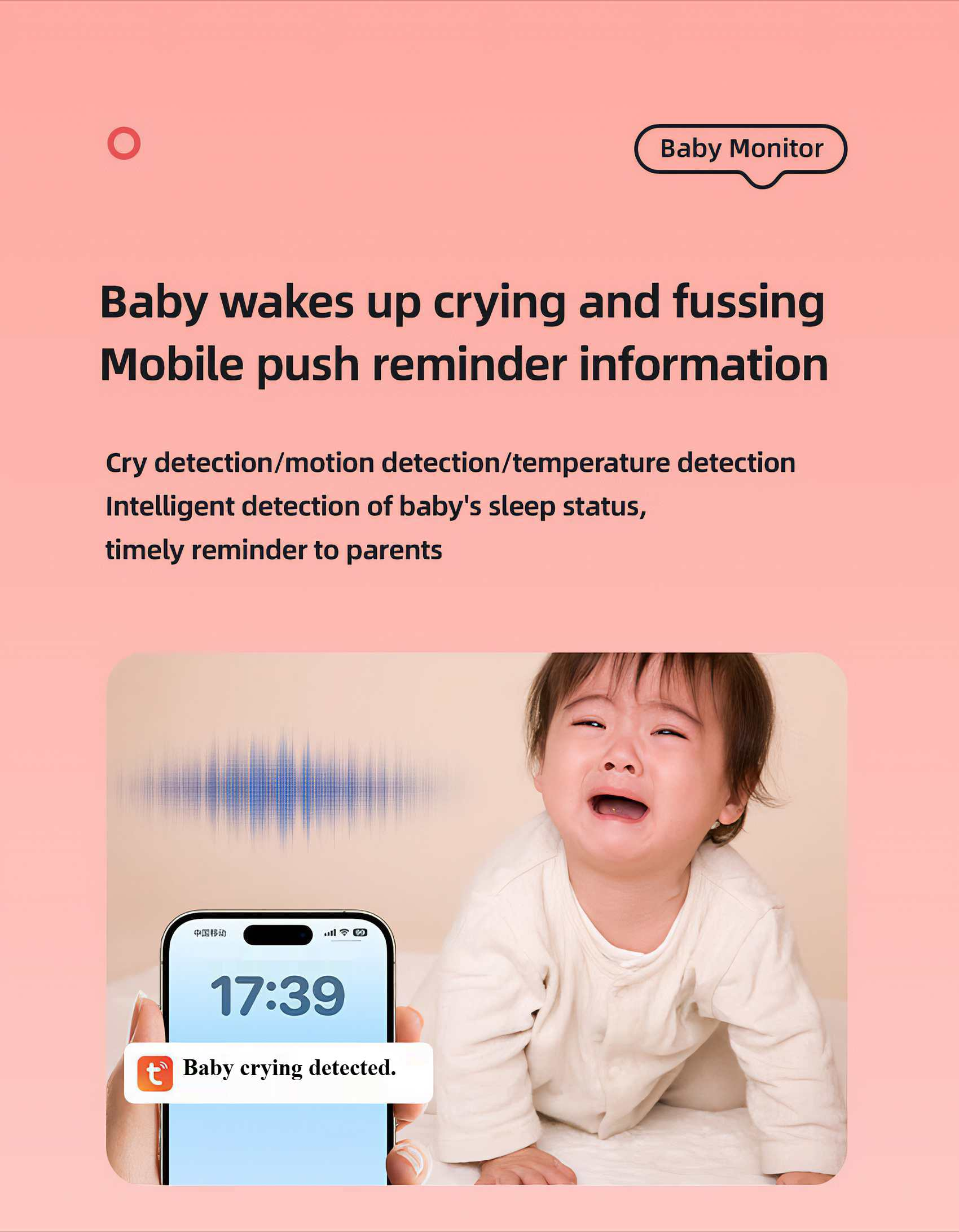 Ein weinendes Baby liegt auf einem Bett. Ein Telefon zeigt 'Baby crying detected'. Der Hintergrund ist rosa.