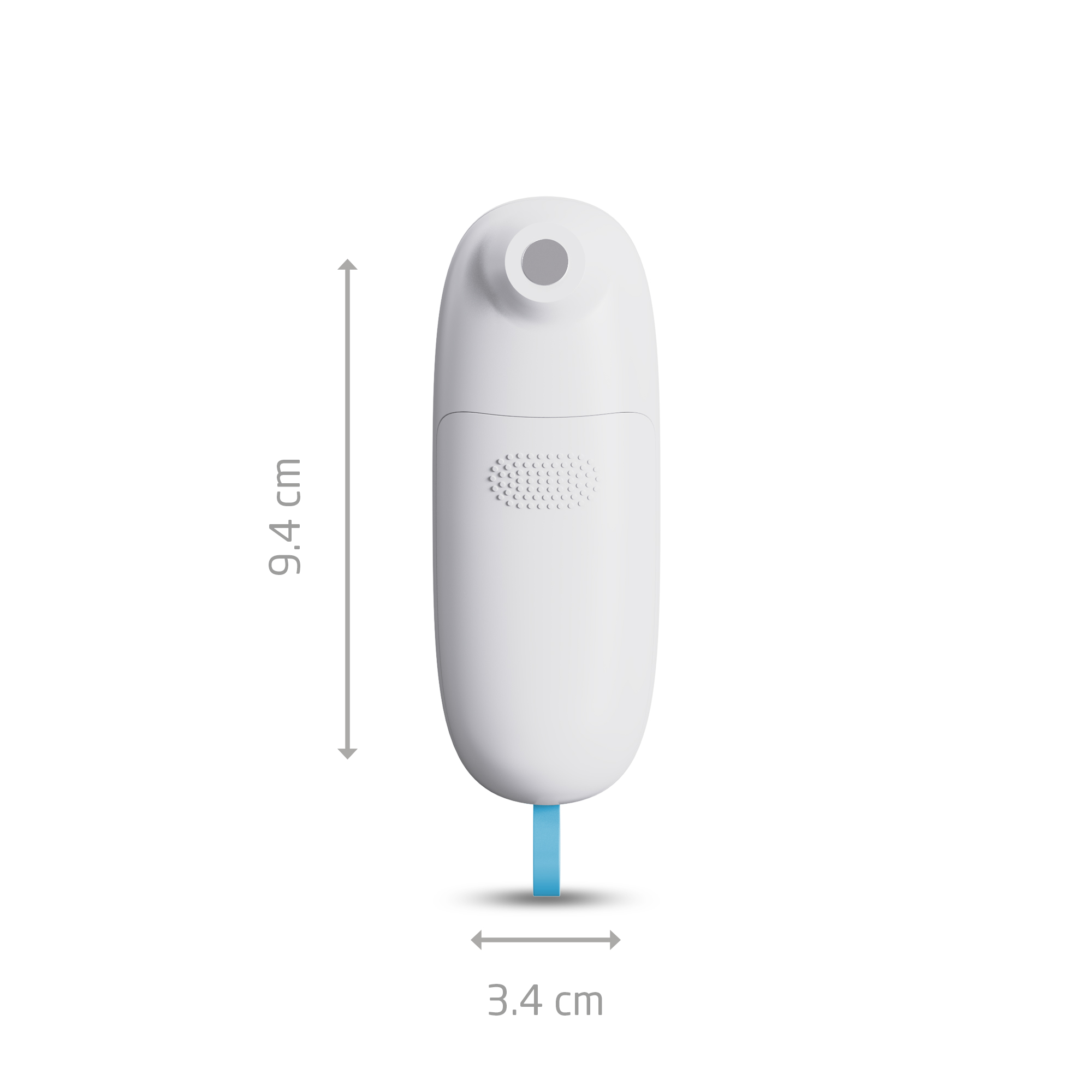 Een witte thermometer wordt getoond. Hij is 9,4 cm hoog en 3,4 cm breed. Een blauw stuk steekt uit de onderkant.
