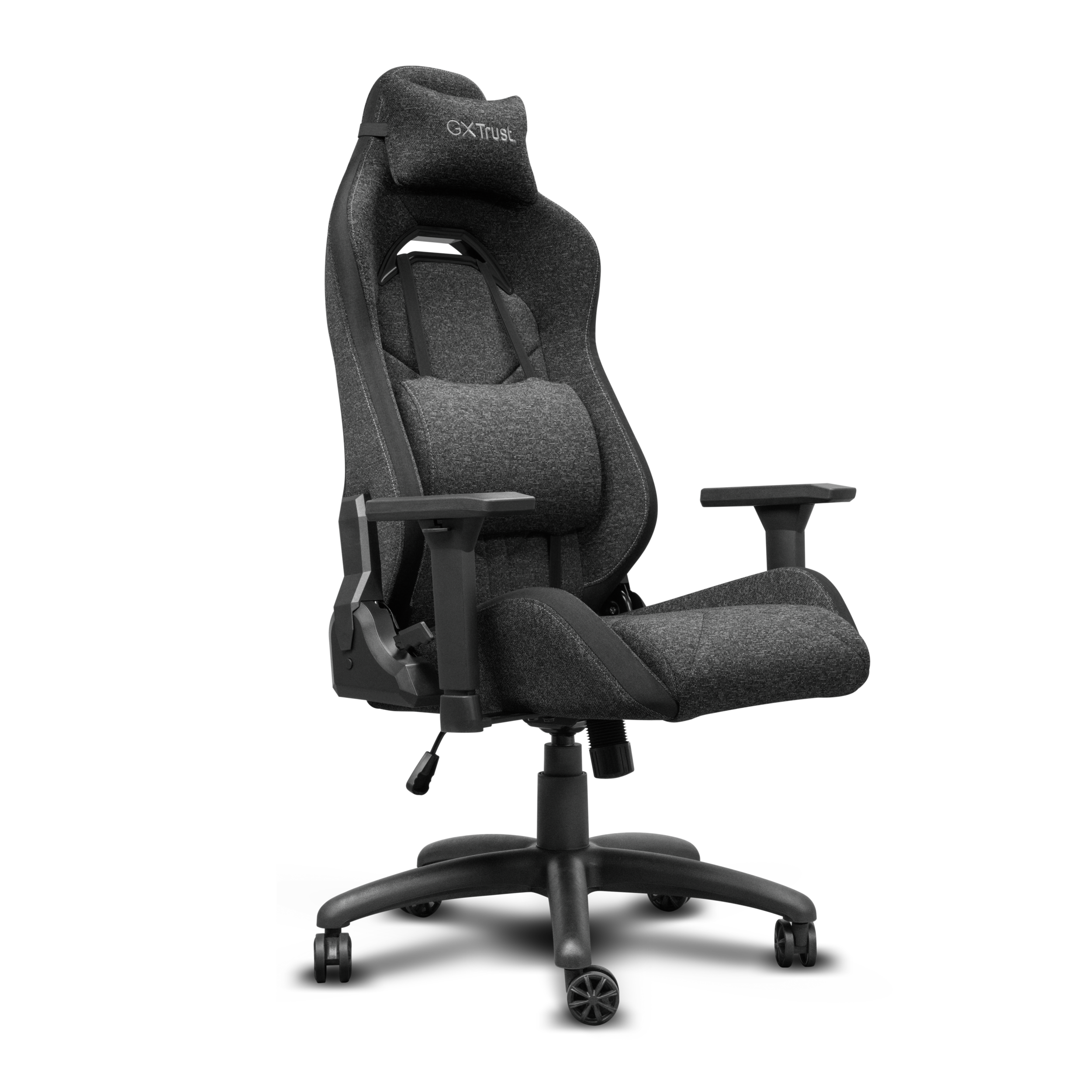 Ein grauer Gaming-Stuhl mit Kopfstütze und Armlehnen. Der Stuhl hat ein schwarzes Gestell und Rollen.