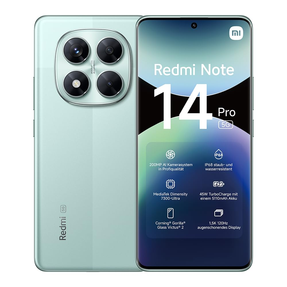 Ein mintgrünes Redmi Note 14 Pro 5G Smartphone. Es hat vier Rückkameras, ein großes Display mit Details zu seinen Spezifikationen.