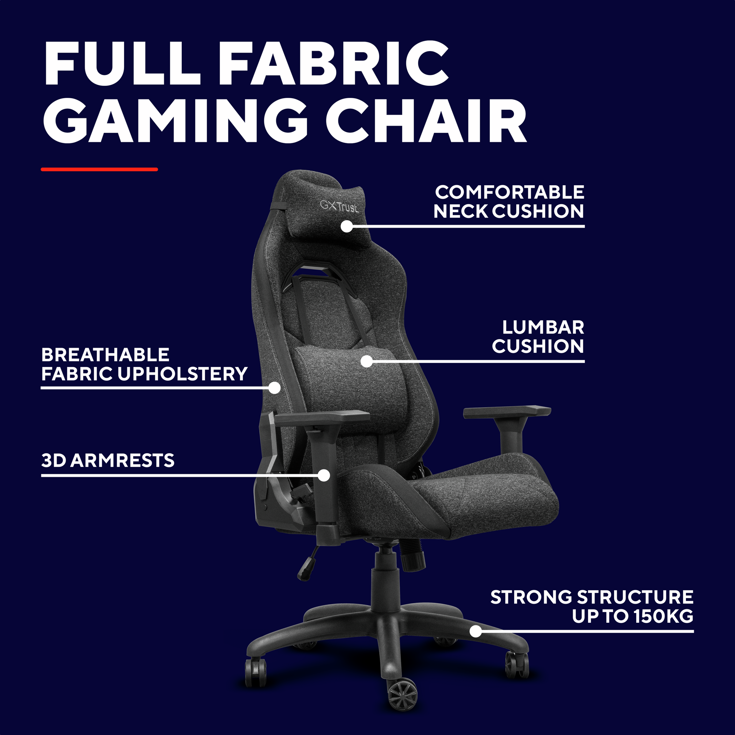 Ein grauer Gaming-Stuhl mit Kopfstütze und Lendenkissen. Zu den Merkmalen gehören atmungsaktiver Stoff, 3D-Armlehnen und eine robuste Struktur.