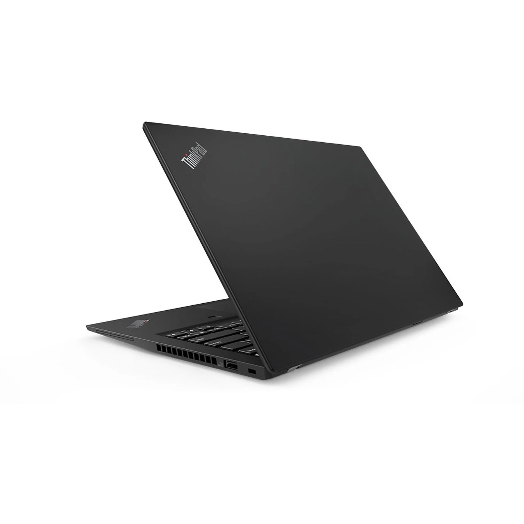 Schwarzer Laptop mit ThinkPad-Logo auf dem Deckel, leicht geöffnet, Tastatur sichtbar. Weißer Hintergrund.