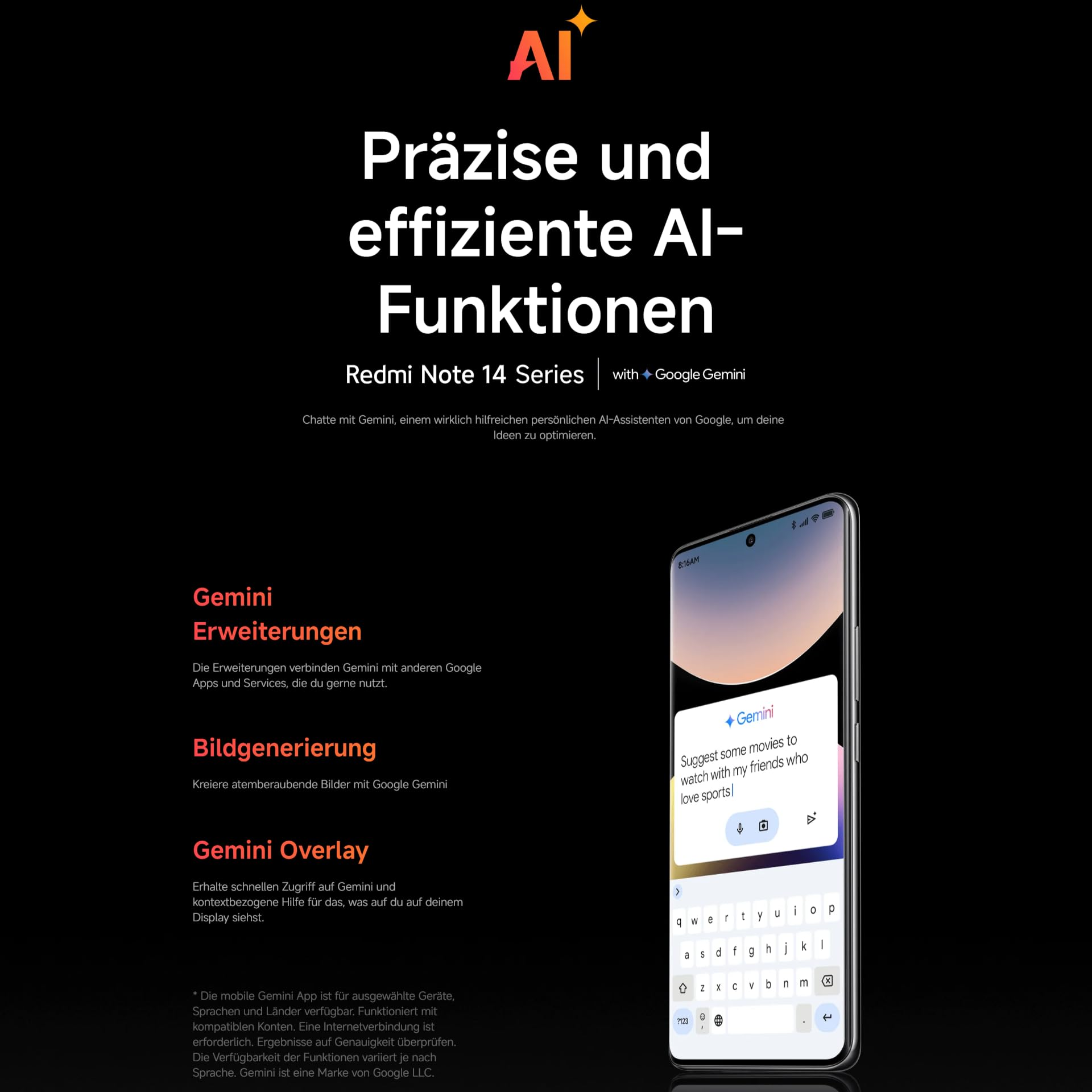 Ein Telefon zeigt Gemini, Text über Filme und eine Tastatur. Der Hintergrund ist schwarz mit Text über die KI-Funktionen des Telefons.