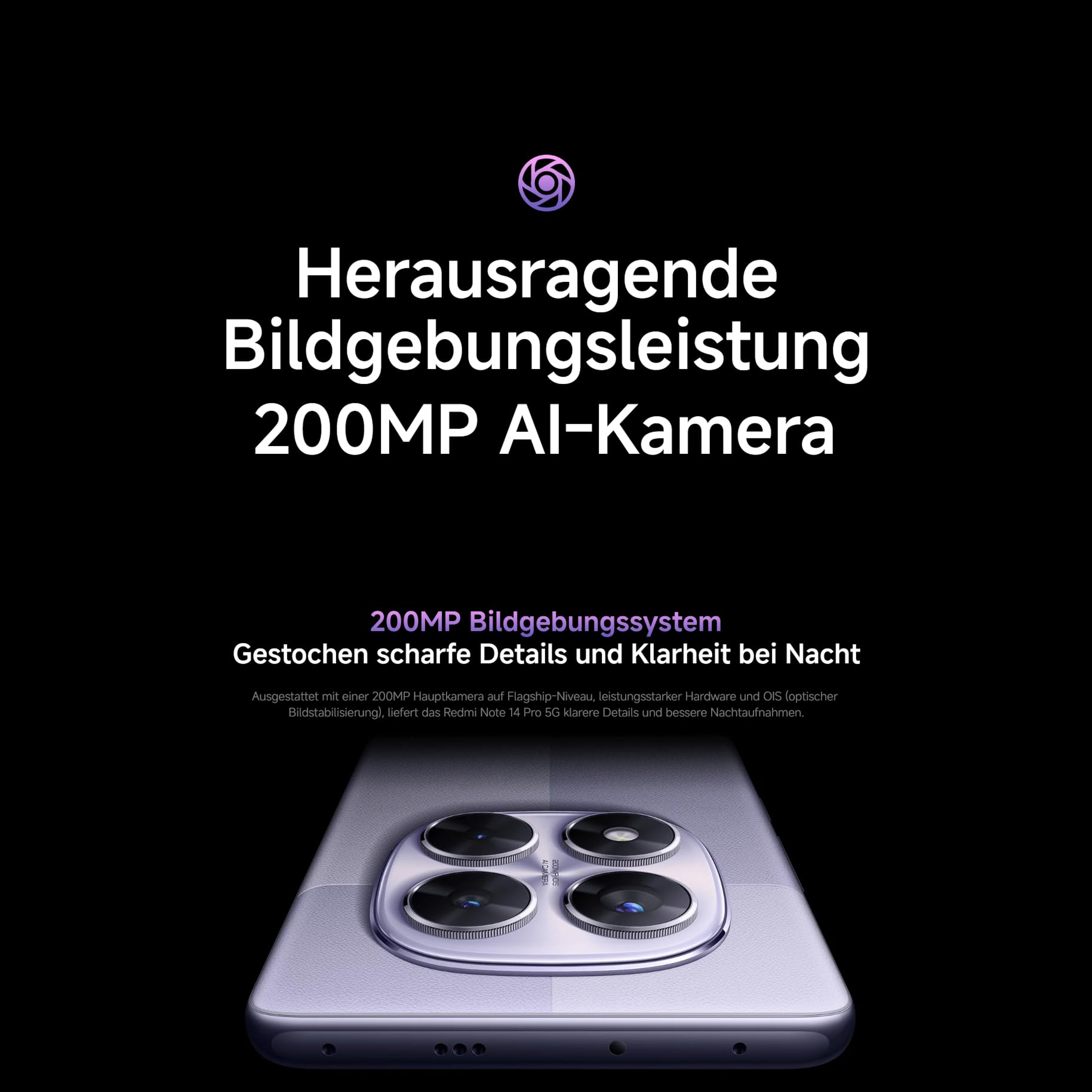 Das Bild zeigt ein Detail der Telefonkamera. Text hebt die 200MP KI-Kamera mit scharfen Details und Klarheit hervor.