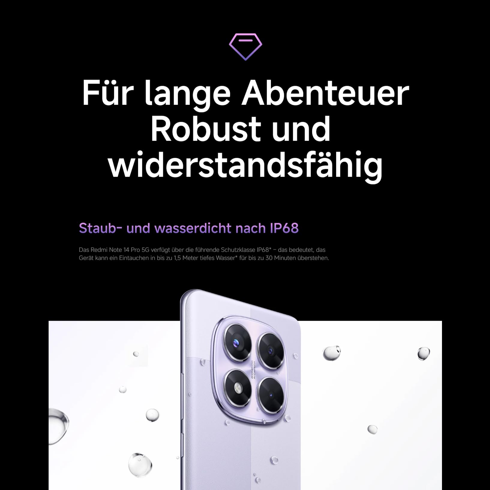 Ein Telefon wird angezeigt, mit Text über Wasserbeständigkeit. Wassertropfen befinden sich im Hintergrund und auf dem Telefon.
