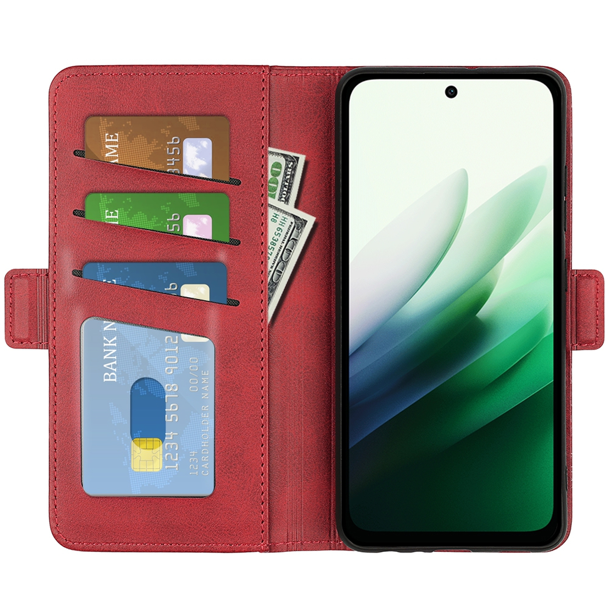 Rode telefoonhoes open met telefoon, kaarten en geld zichtbaar. Het scherm van de telefoon toont groene en witte abstracte vormen.
