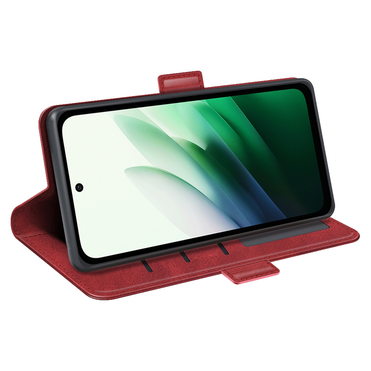 Een rode telefoonhoes met een telefoon erin. De telefoon heeft een groene en witte achtergrond op het scherm.