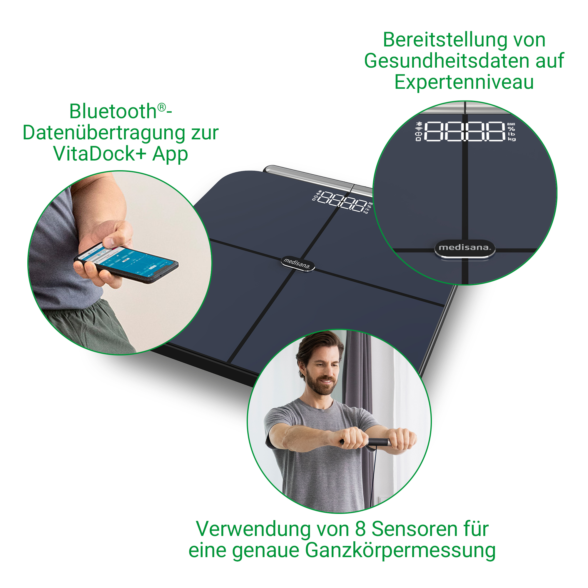 Das Bild zeigt eine Waage mit einem Mann, der sie benutzt, ein Telefon mit Daten und Text über die Funktionen der Waage.
