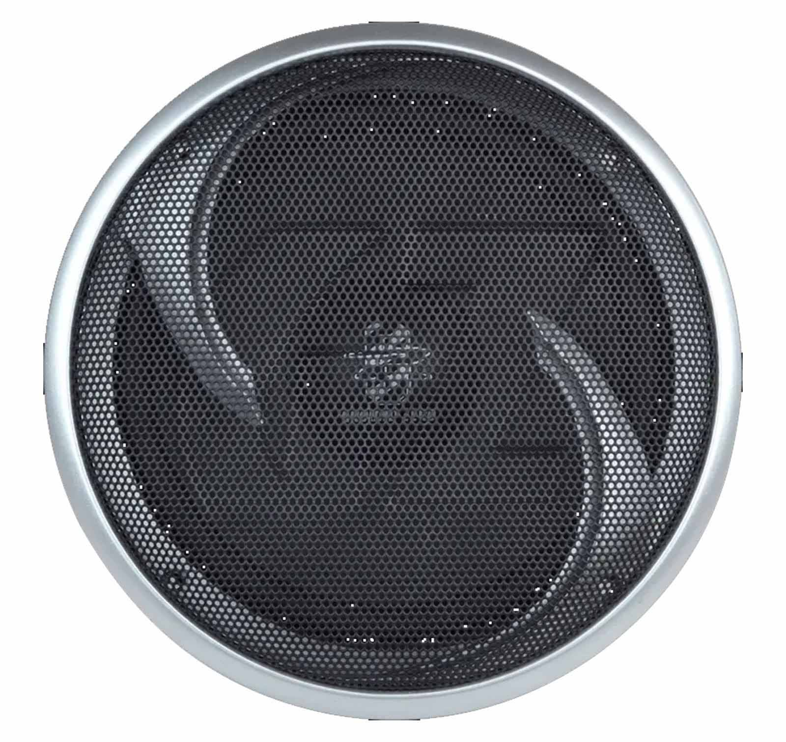 Ein runder Lautsprecher mit silbernem Rahmen. Er hat eine schwarze Gitterabdeckung und gebogene silberne Akzente.