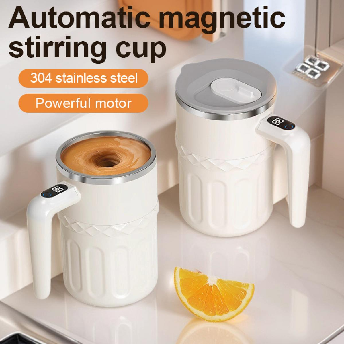 Zwei automatische magnetische Rührbecher, einer mit Flüssigkeit und eine Orangenscheibe. Text lautet 'Automatischer magnetischer Rührbecher'.
