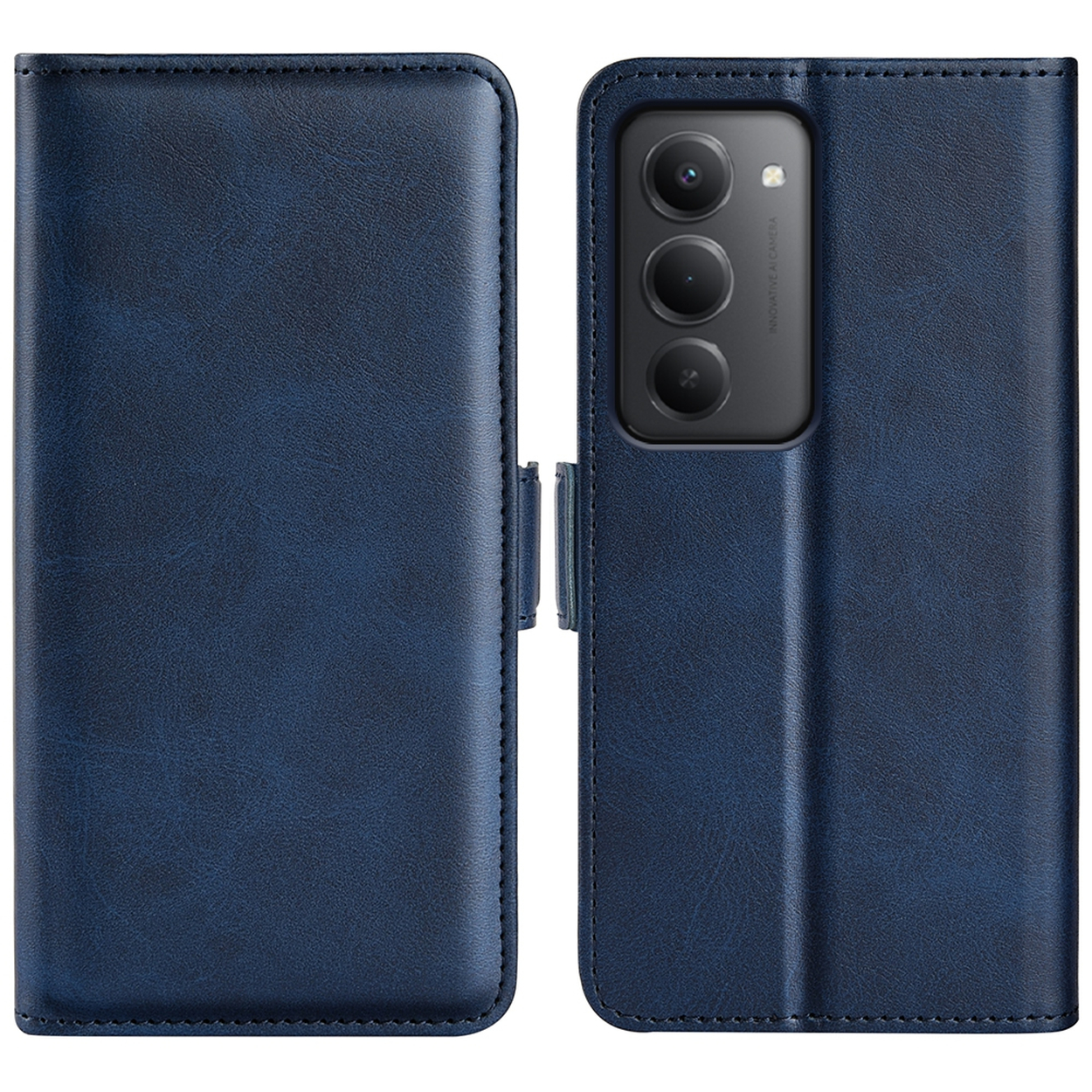 Een blauwe leren telefoonhoes, opengeklapt om een telefoon te onthullen. De hoes is een portemonnee-stijl met een magnetische sluiting.