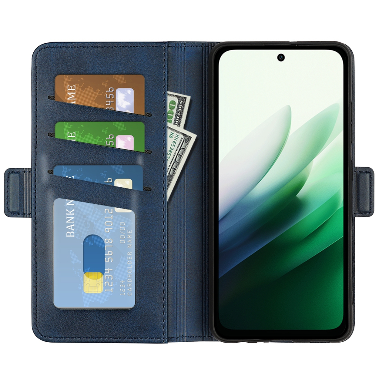 Een blauwe telefoonhoes met telefoon, creditcards en geld. De telefoon toont een abstract groen en wit ontwerp.