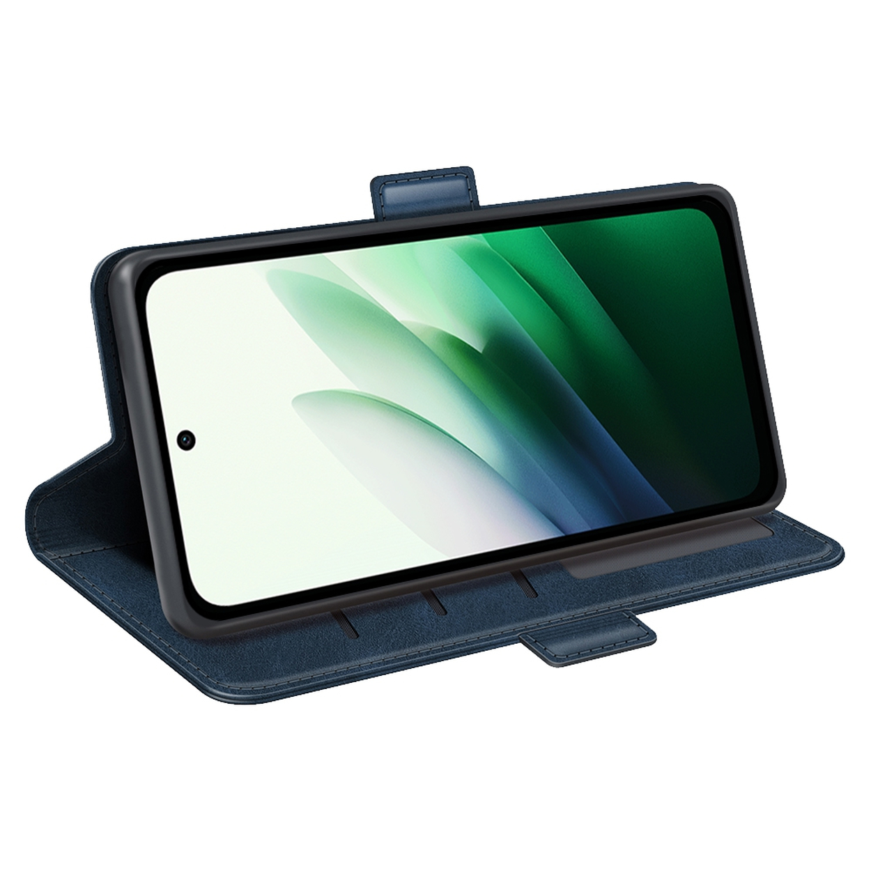Een smartphone in een blauwe hoes wordt getoond. Het scherm toont een abstract groen en wit ontwerp. De hoes is open.