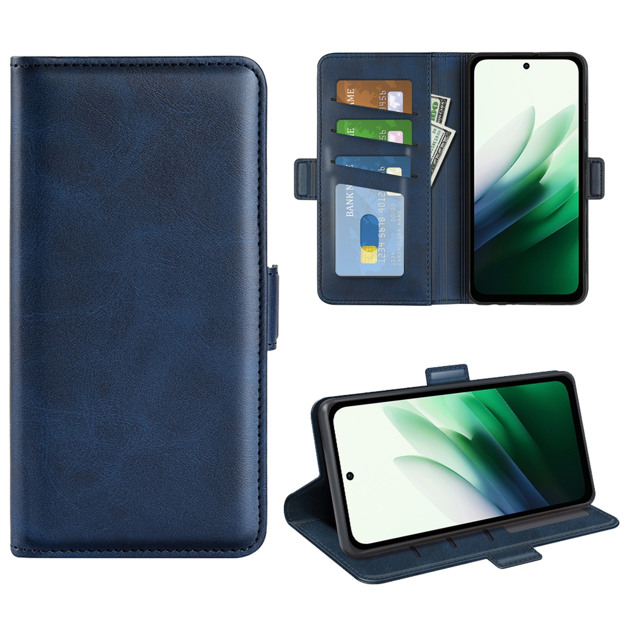 Blauwe leren telefoonhoes met sleuven voor kaarten en geld. Telefoon in verschillende hoeken getoond. Kaarten en bankbiljetten zichtbaar.