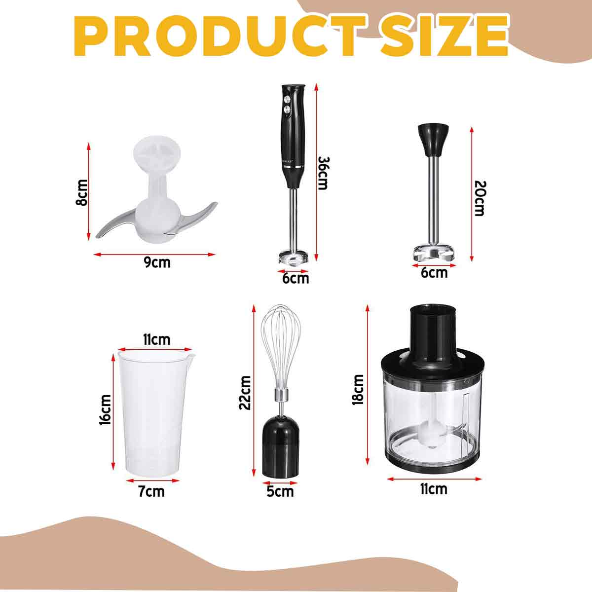 Das Bild zeigt die Produktgröße, einschließlich eines Mixers, eines Zerkleinerers, eines Schneebesens, eines Mixbechers und eines Mixbechers, mit Maßangaben.