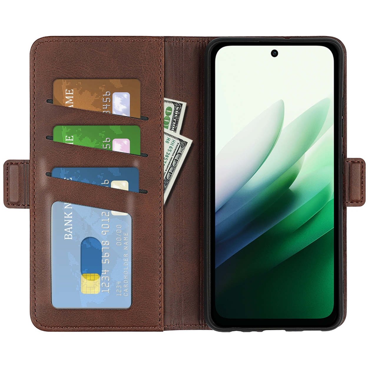 Een bruine leren portemonnee bevat een smartphone en creditcards. Een honderd dollar biljet is zichtbaar. Het scherm toont een groen ontwerp.