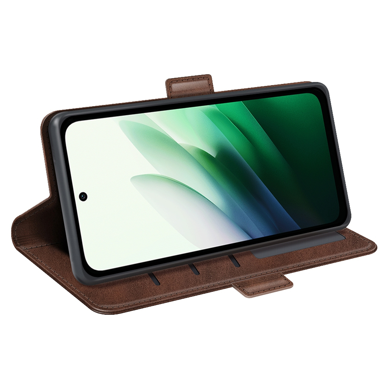 Een bruine leren telefoonhoes met een telefoon erin. Het scherm van de telefoon toont een abstract groen-wit ontwerp.