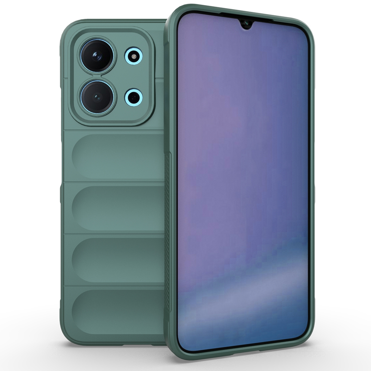 Een groene telefoonhoes met een telefoon. De hoes heeft uitsparingen voor de camera en een getextureerde achterkant. Het telefoonscherm is paars.