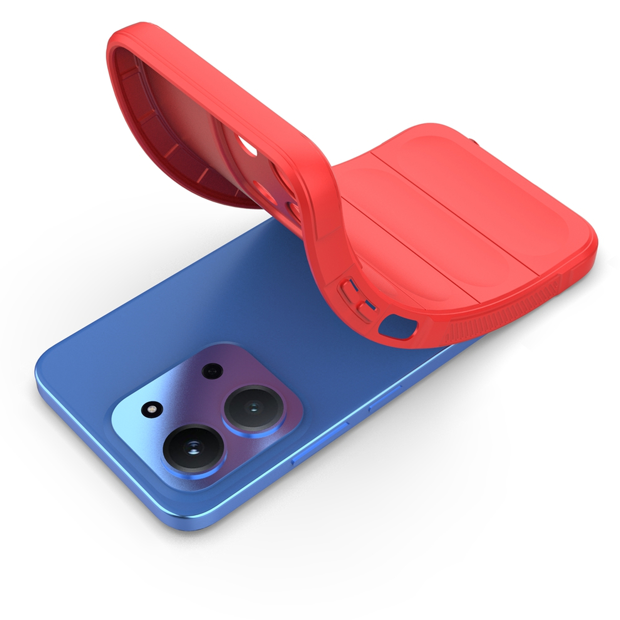 Een blauwe smartphone met een rode hoes die wordt aangebracht. De telefoon heeft twee cameralenzen. De hoes bedekt het toestel gedeeltelijk.